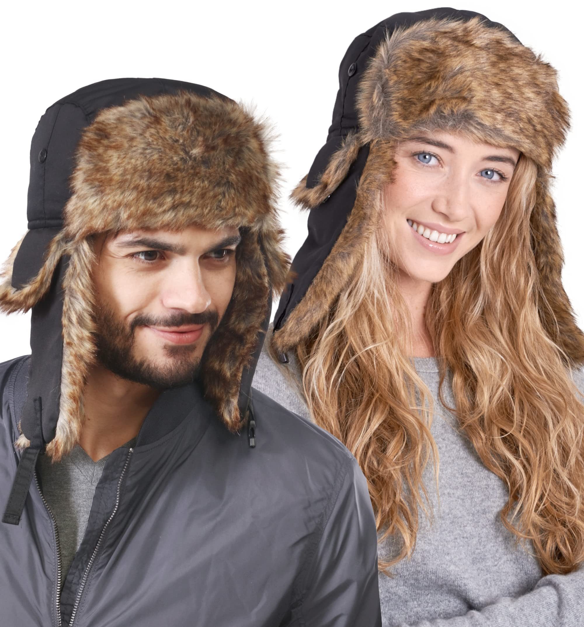 Tough Outfitters Ohrenmütze Fliegermütze Herren - Russen Mütze Fellmütze Damen - Uschanka schwarz (1-St) Ushanka Mütze mit Ohrenklappen - Russische Mütze aus Kunstfell
