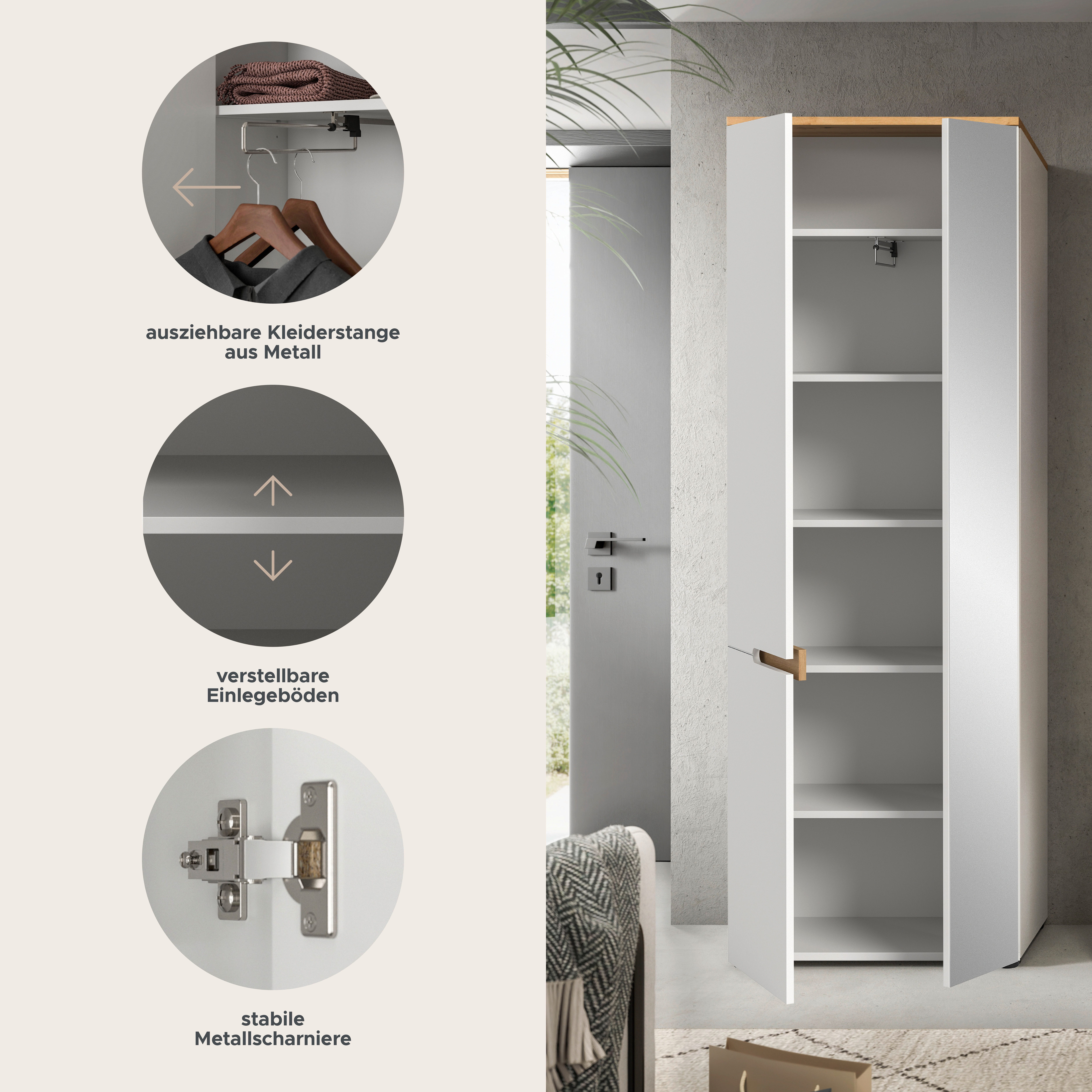 Home affaire Garderobenschrank REHAT, TOPSELLER!, Höhe 190cm, 2 Türen, 6 Fächer, 1 Kleiderstange (1-St., in verschiedenen Farben erhältlich) Garderobe, Flurschr – Bild 4 von 5