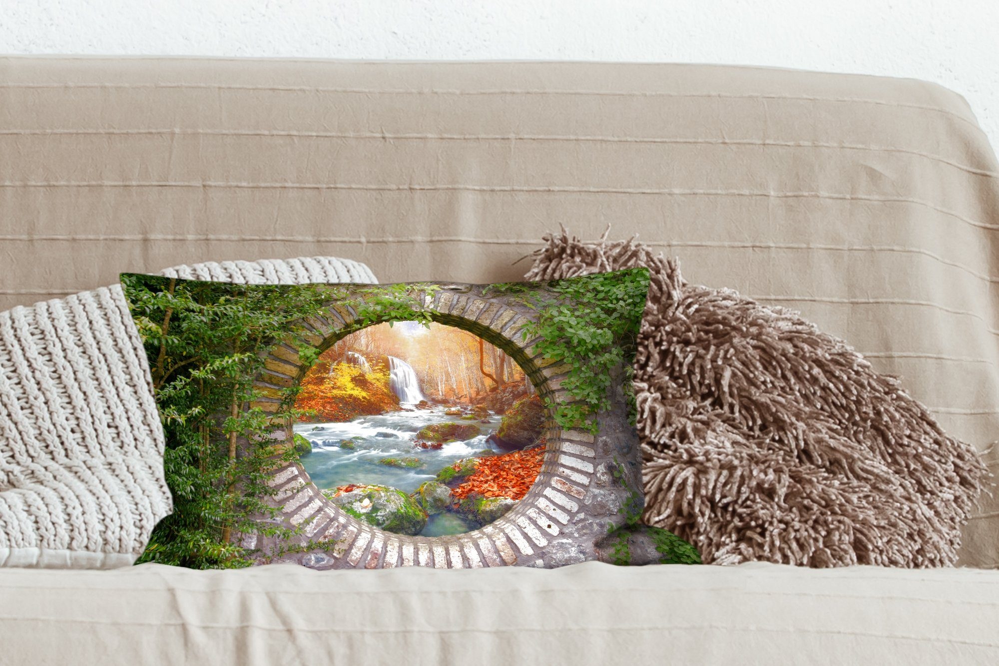 Füllung, Natur MuchoWow mit Herbst Dekokissen - Wasserfall Schlafzimmer Dekoration, Zierkissen, Wohzimmer - Dekokissen - Aussicht,