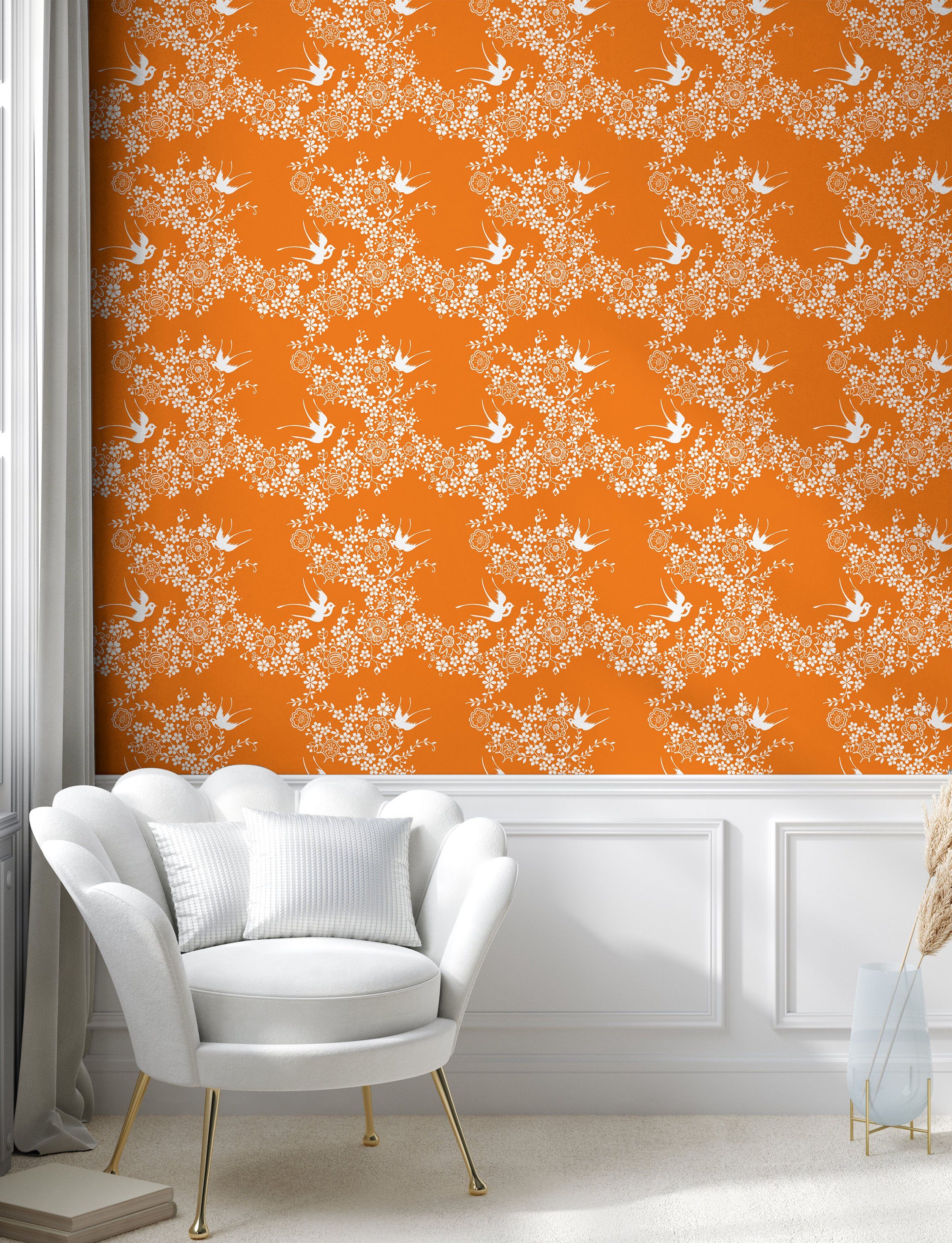 Wohnzimmer Küchenakzent, Vinyltapete Orange Abakuhaus selbstklebendes Japanische Baum-Vogel-Kunst