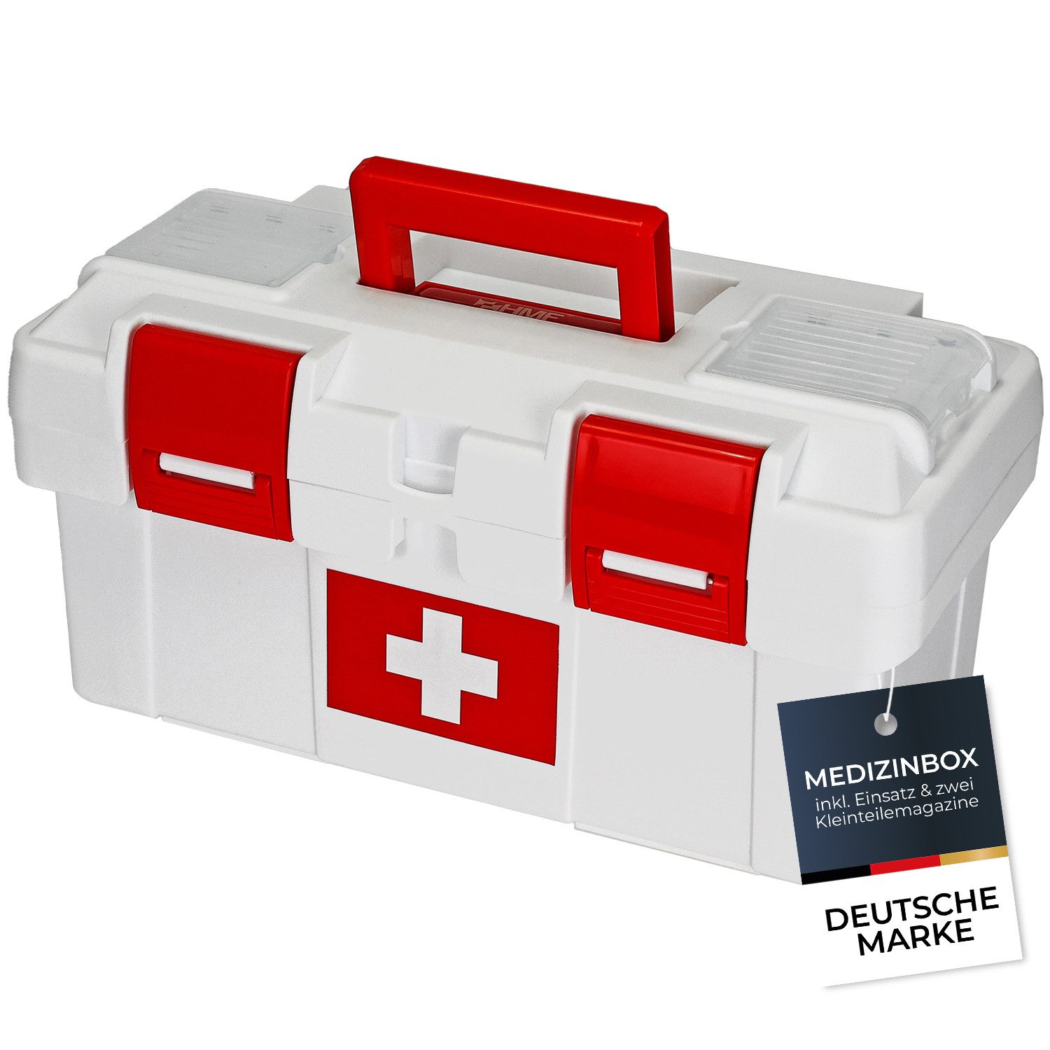 HMF Erste-Hilfe-Koffer Erste Hilfe Kasten zur Medikamenten Aufbewahrung, Medizinbox, leer für Sportverein, Betrieb oder Zuhause, 37 x 20 x 18,5 cm Weiß-Rot