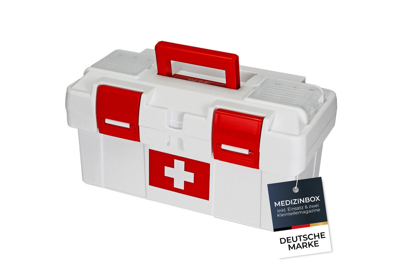 HMF Erste-Hilfe-Koffer Erste Hilfe Kasten zur Medikamenten Aufbewahrung, Medizinbox, leer für Sportverein, Betrieb oder Zuhause, 37 x 20 x 18,5 cm Weiß-Rot