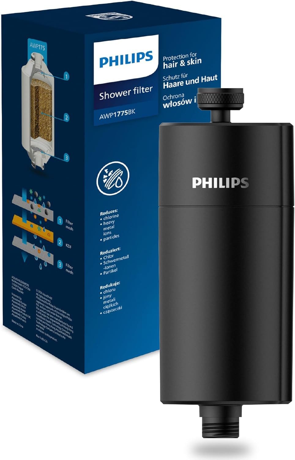 Philips Kalk- und Wasserfilter Water Inline-Duschfilter mit 1 Ersatzkartusche - 50.000 L Kapazität, Zubehör für AWP175, reduziert Chlor um bis zu 99%, passend für Standardschläuche armaturen