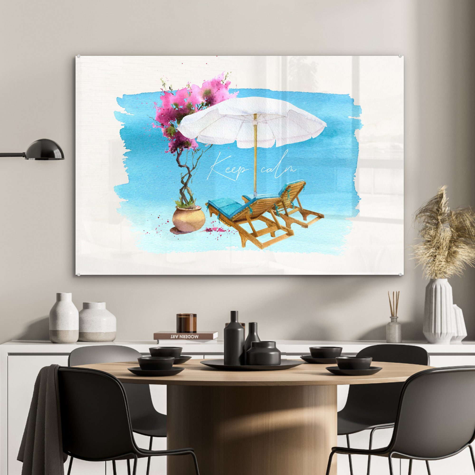 Schlafzimmer - St), - Blumen & Acrylglasbilder (1 Strandkorb Aquarell, Wohnzimmer Acrylglasbild Sonnenschirm MuchoWow -