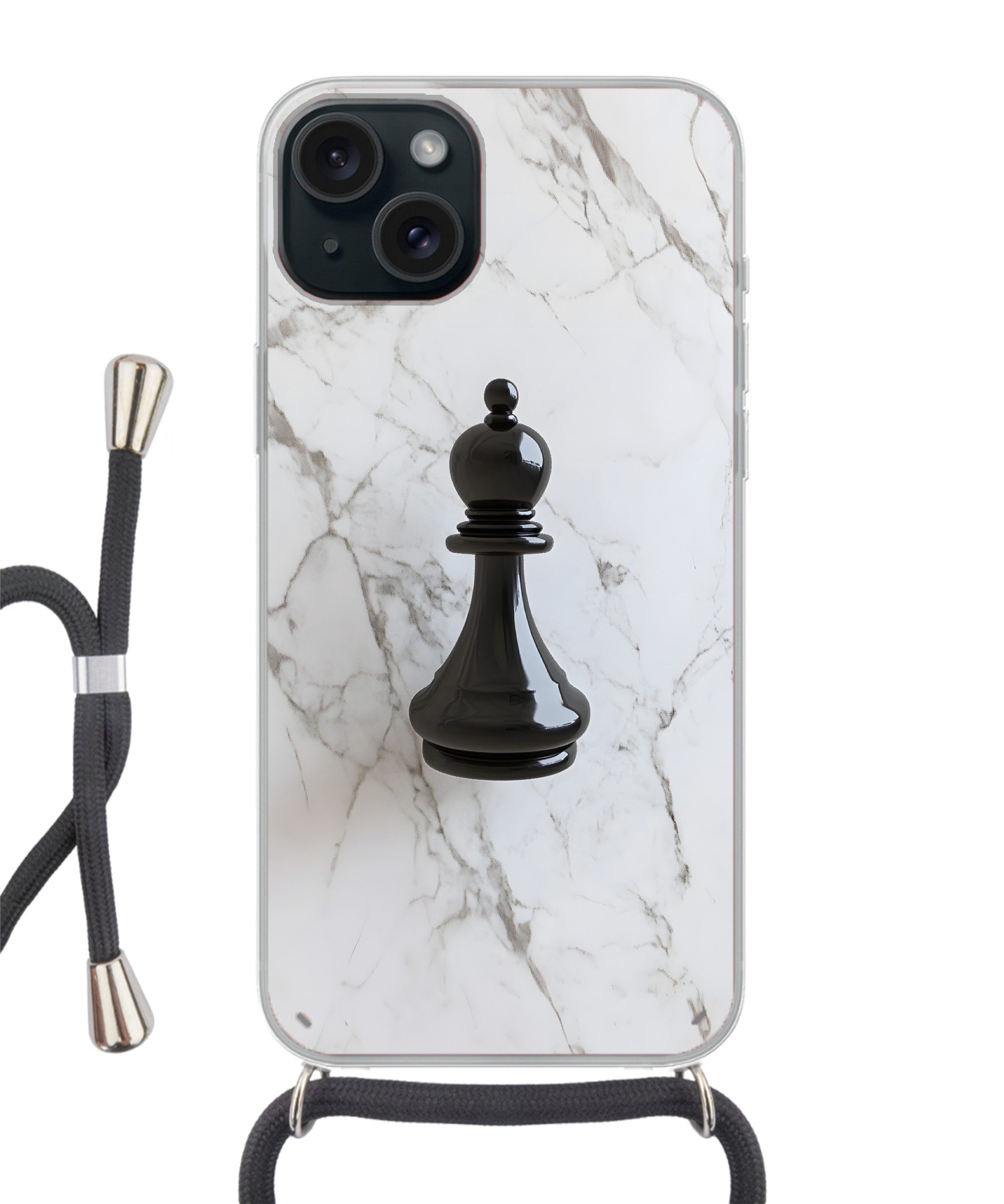MuchoWow Handyhülle für Apple iPhone 15 Plus Schachfigur - Läufer - Schwarz - Marmor, Tragbare Handyhüllen mit Kette zum umhängen, Handykette Handyband