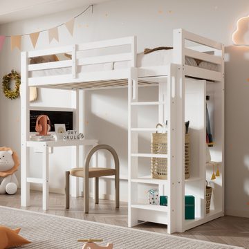 MODFU Etagenbett Holzbett Kinderbett, mit Schreibtisch Offener Kleiderschrank und Regalen, Ohne Matratze