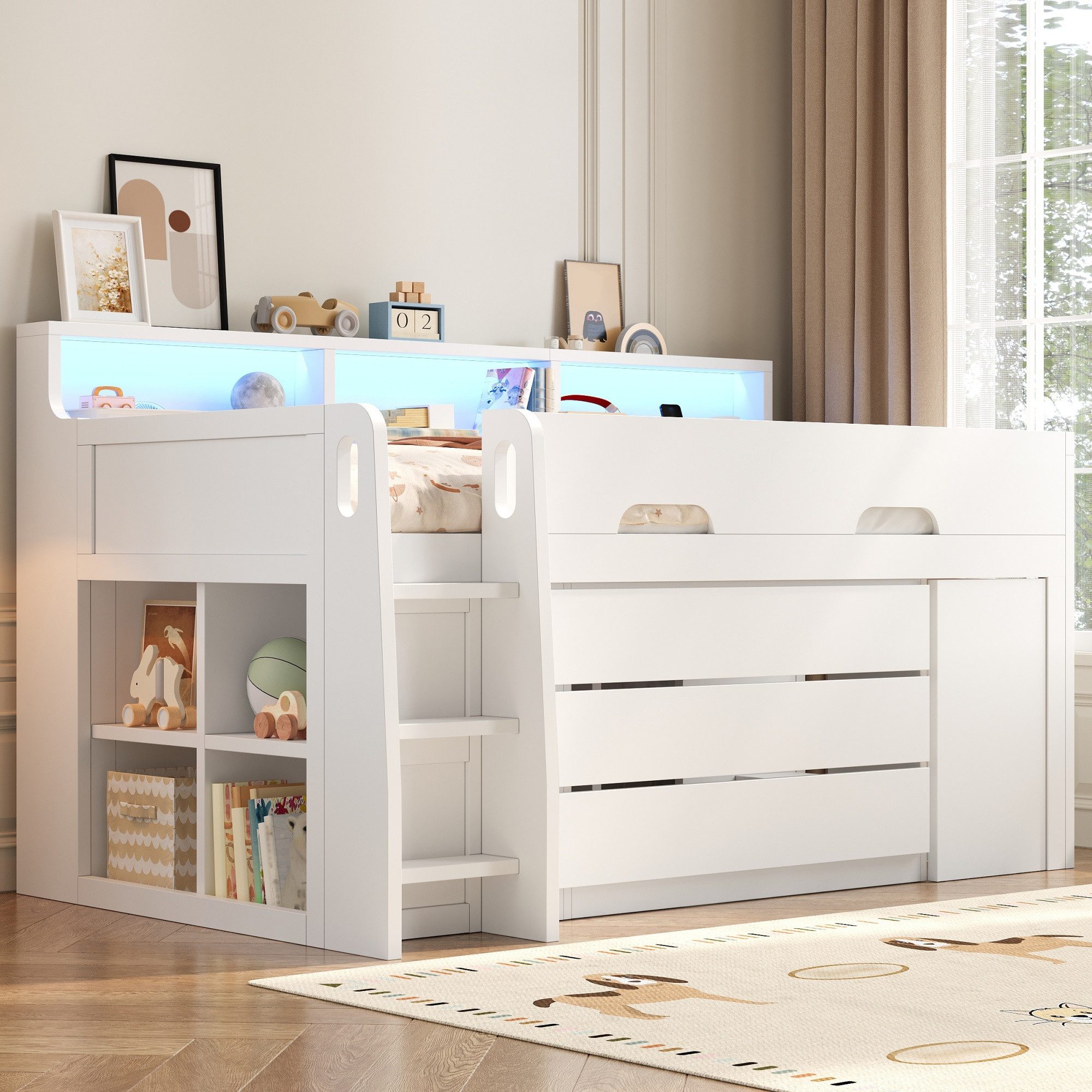 Flieks Kinderbett Niedriges Hochbett 90x200cm, mit drei Schubladen, beweglichem Schreibtisch, LED-Leiste & Aufladen