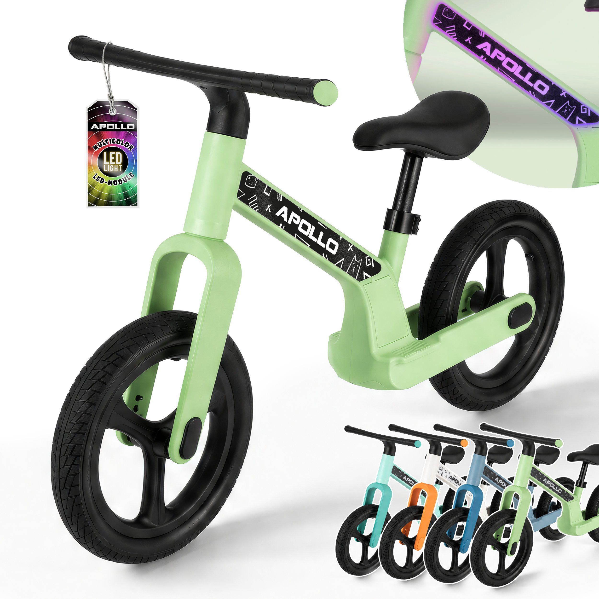 Apollo Laufrad Trailbuddy Kinderlaufrad LED ab 2 Jahre, 12 Zoll, 2,2 kg, Sattel 30-40 cm