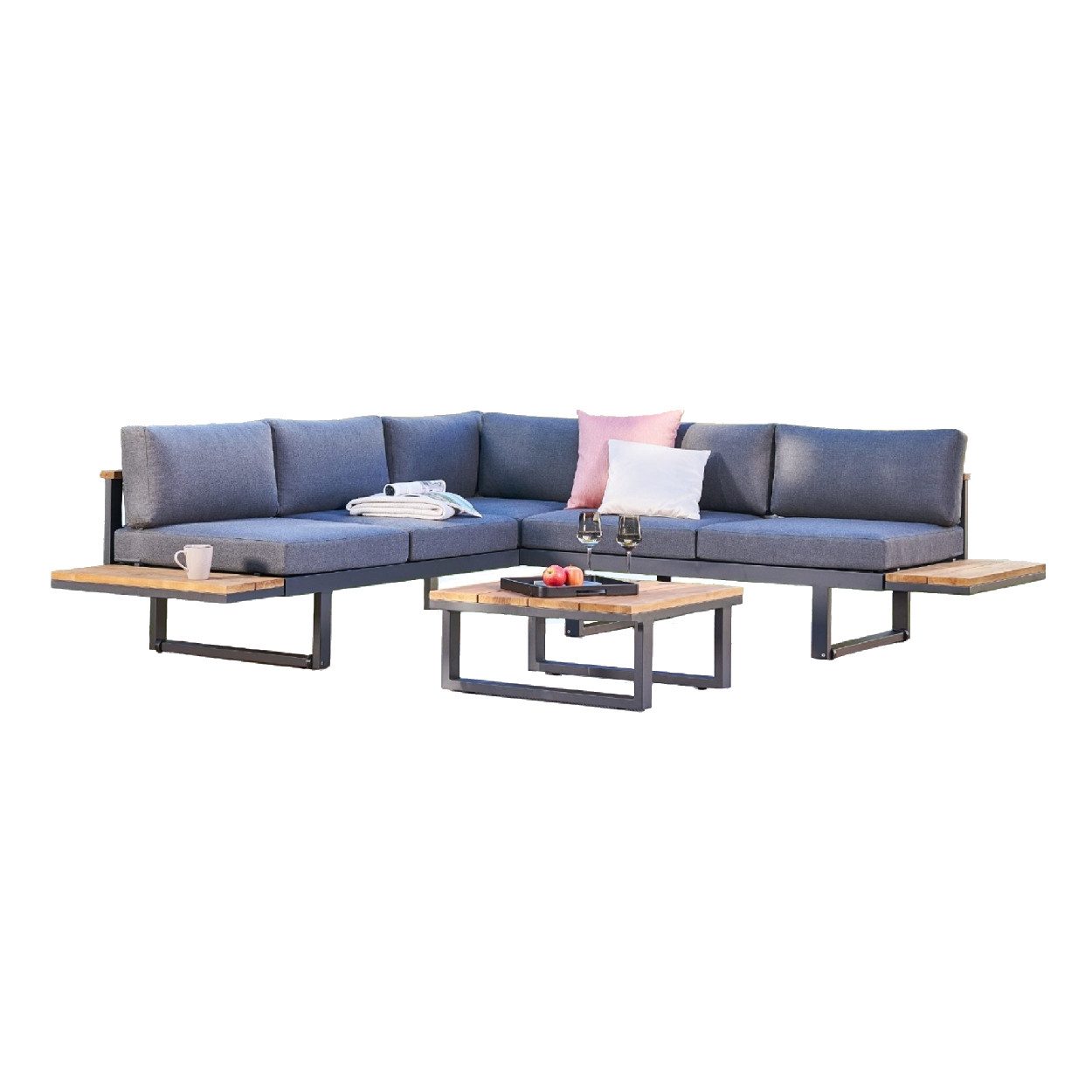 CASA DOMA Gartenlounge-Set Aragona, (Loungeset für 4 Personen, 3-tlg., Eckloungeset mit Loungetisch), Kufengestell, Aluminium anthrazit, Outdoorstoff Tuvatextil®, Teak