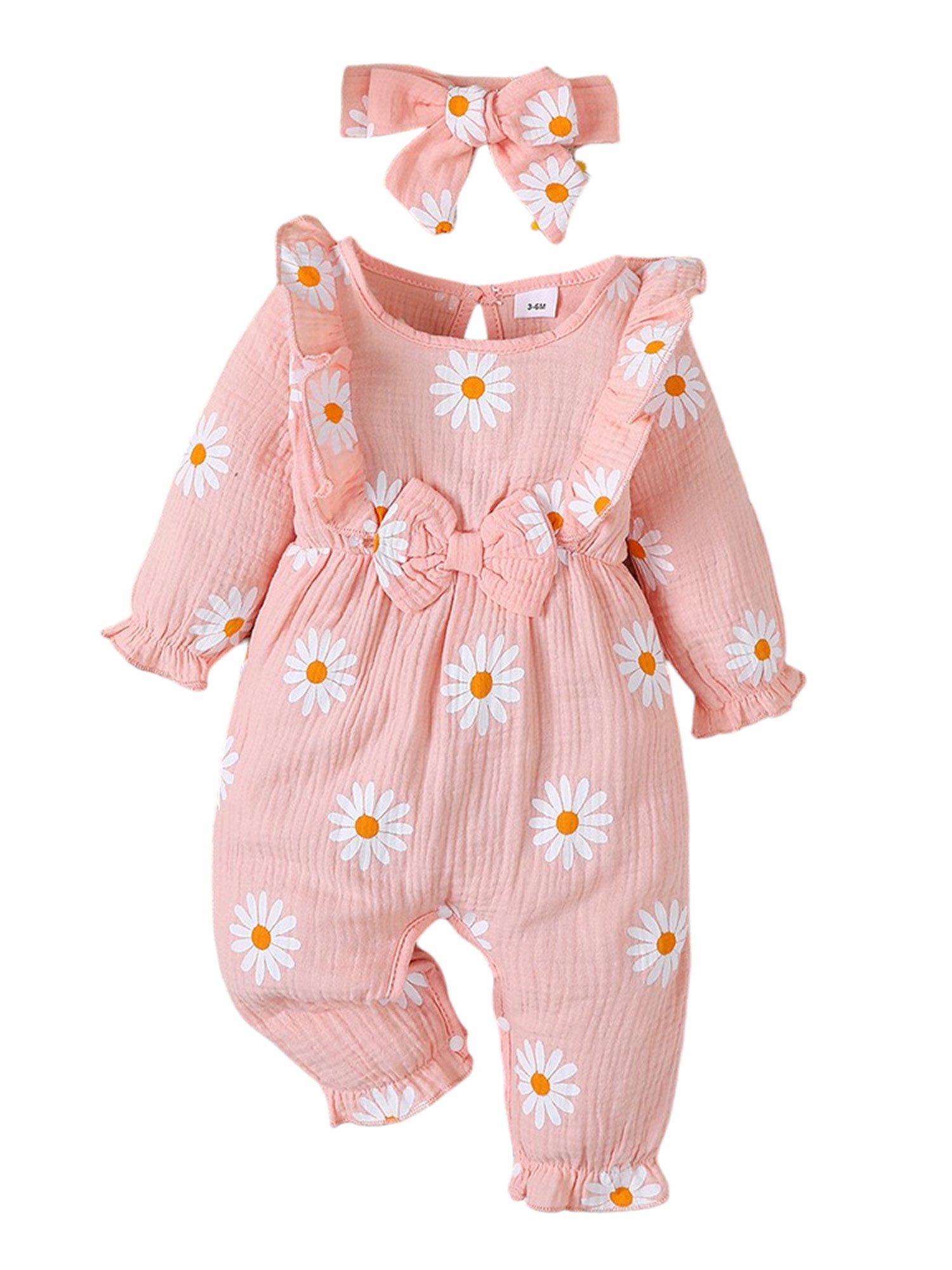 Lapastyle Повзунки Baby Langarm Outfit Set, Bodysuit mit Rüschen und Gänseblümchen Muster (Set, 2-tlg) Jumpsuit & Haarband Set, 100% Baumwolle, Schleifendekor, Lässig, Süß
