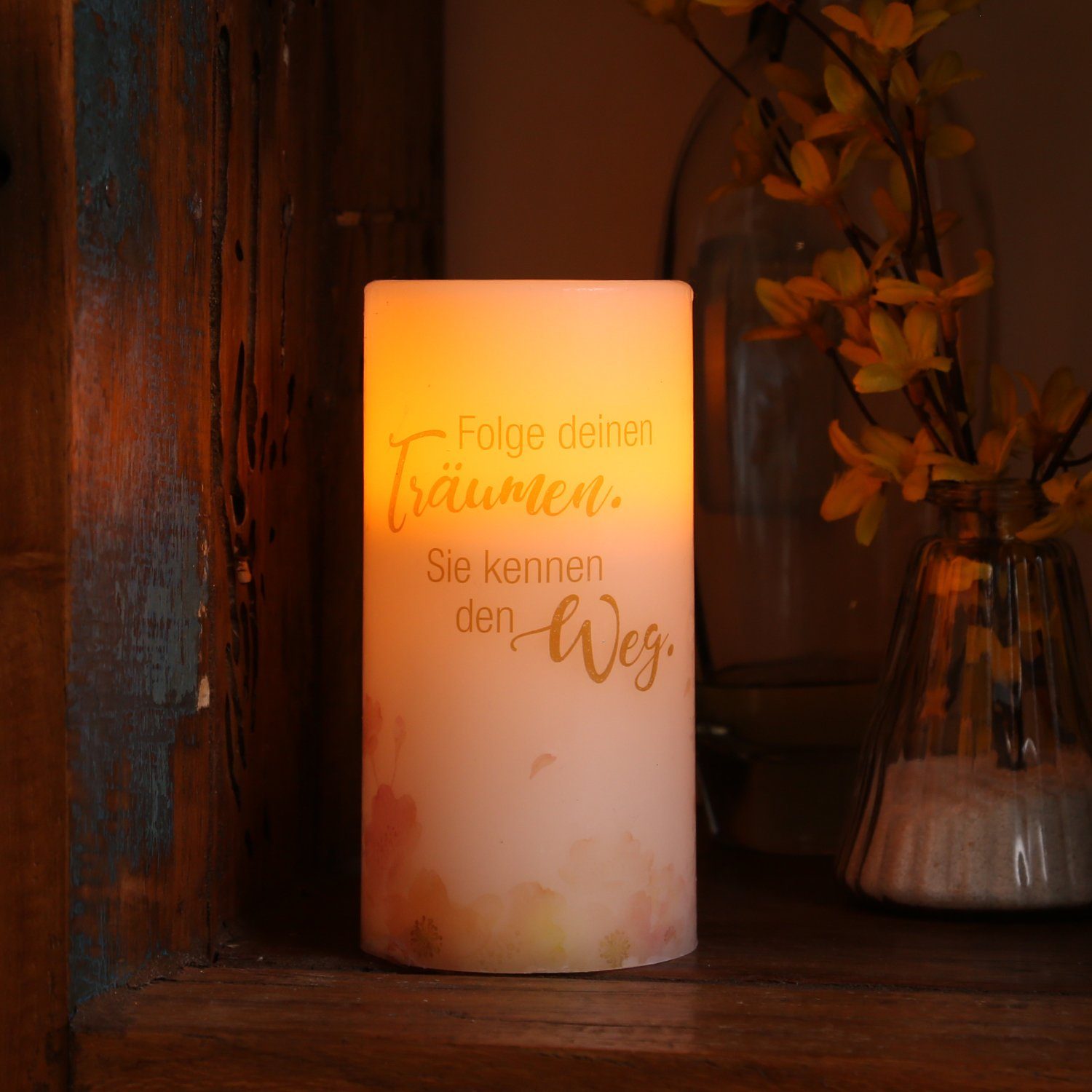 MARELIDA LED-Kerze mit Träume Zitat Blumen Motiv Design Echtwachs flackernd günstig online kaufen