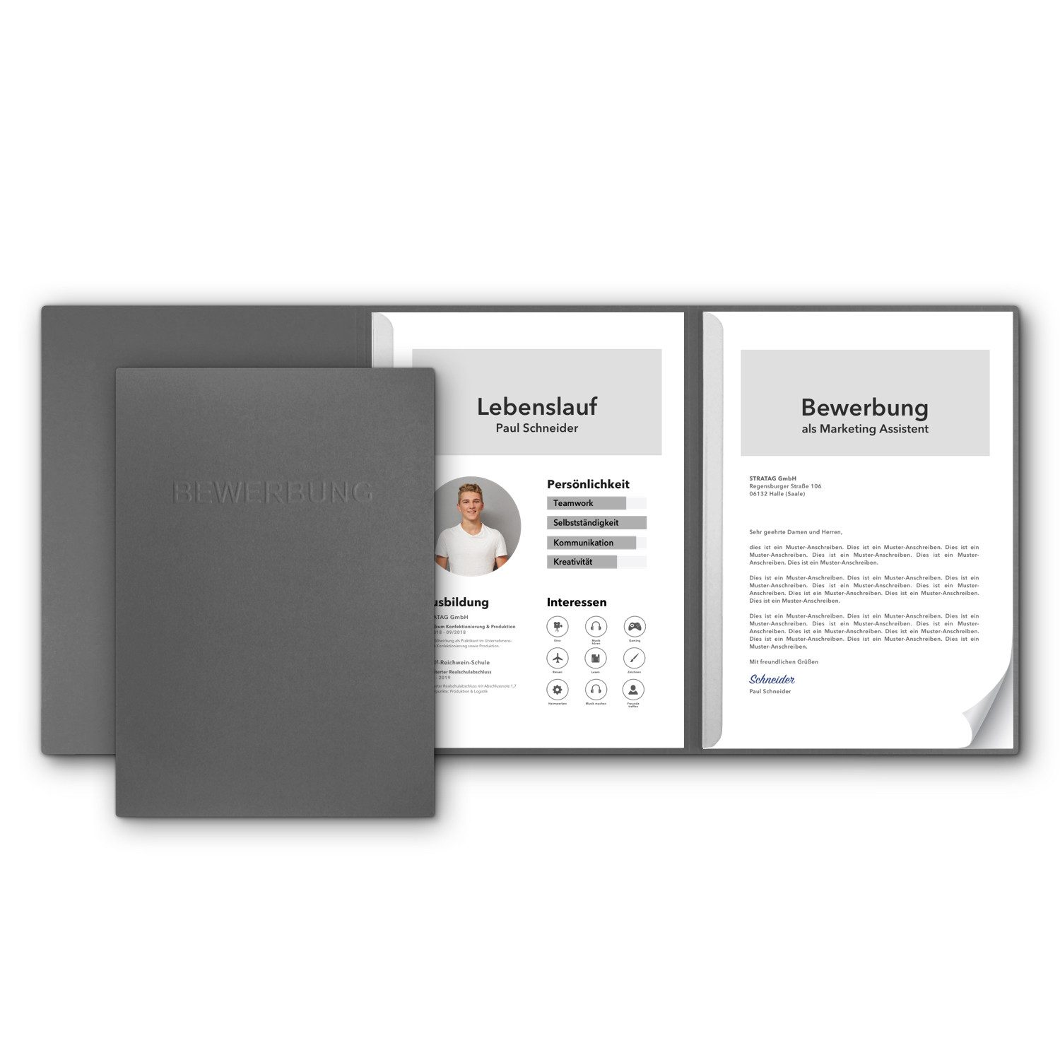 STRATAG Bewerbungsmappe favorit 3-tlg mit 2 Klemmschienen - sehr stabiler 350 g/m² Naturkarton (Set, 5-St., mit eindrucksvoller Relief-Prägung BEWERBUNG), direkt vom deutschen Hersteller STRATAG