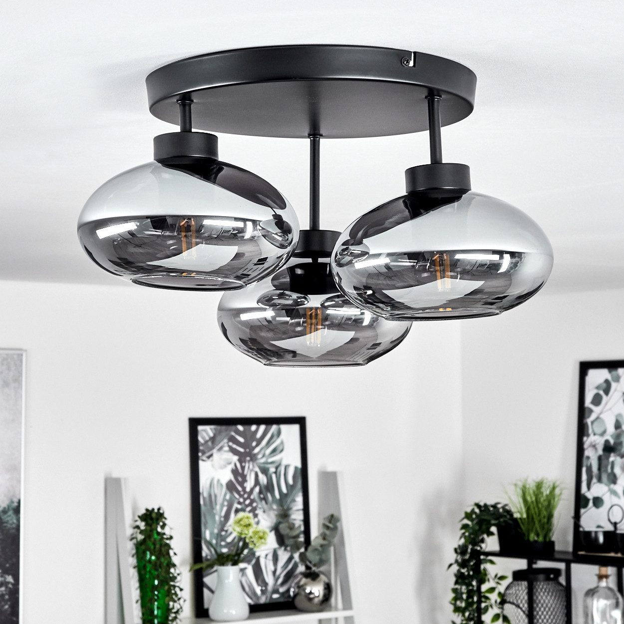 hofstein Deckenleuchte »Pietramelara« Deckenlampe aus Metall/Glas in Schwarz/Rauchfarben, ohne Leuchtmittel, Retro/Vintage Leuchte, 3xE27, Leuchte Schirmen aus Rauchglas