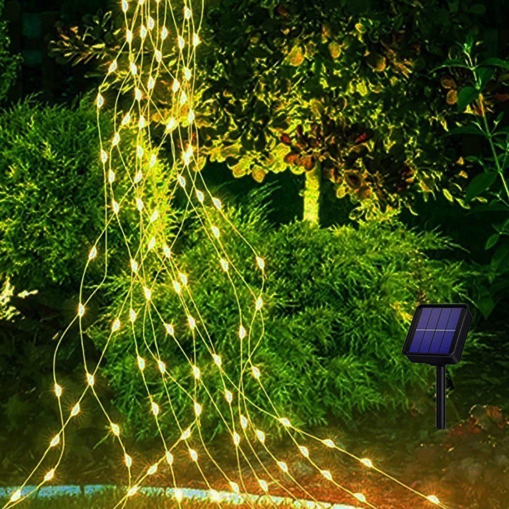 iscooter LED Solarleuchte Solar Lichterketten Außen Wasserfall Lichterkette wasserdicht, LED fest integriert, warmweiß, 2M 100-200 LED, 8 Modi, für Garten, Weihnachten, Hochzeiten, Partys 100 LEDs Lichterkette
