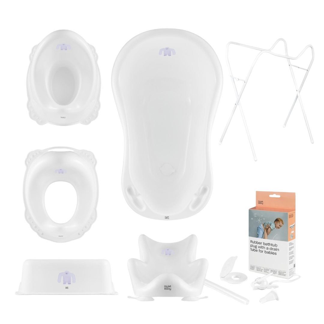 Hylat Baby Babybadewanne Hylat Baby Badewanne Set - für Neugeborene und Babys – Lite, Yeti, (7-teiliges SET, 7-tlg), Babywanne, Sitz, Gestell, Schemel, Topf, Toilettensitz, Abfluss – Weiß