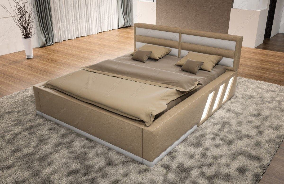 Sofa Dreams Boxspringbett LED weiß Komplettbett LED - Premium Bett Beleuchtung Kunstleder mit mit Beleuchtung, Apollonia sandbeige Topper, mit mit Matratze