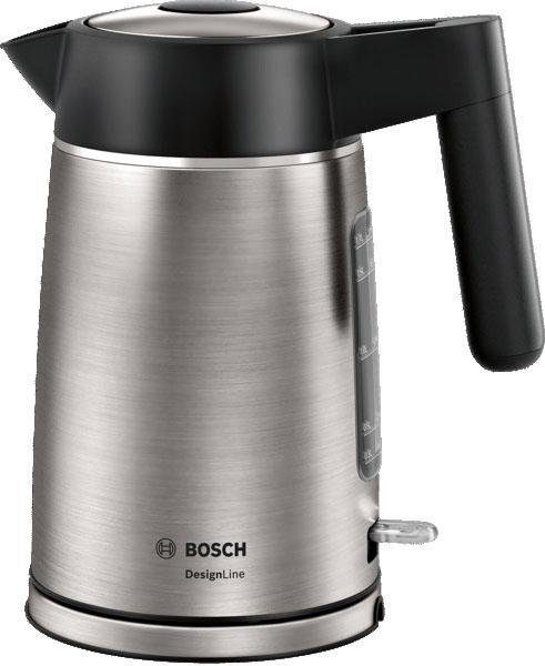 BOSCH Wasserkocher DesignLine TWK5P480, Ausgießen ohne Spritzer, Tassenanzeige, 1,7 l, 2400 W, große Wasserstandsanzeige, Überhitzungsschutz, Edelstahl