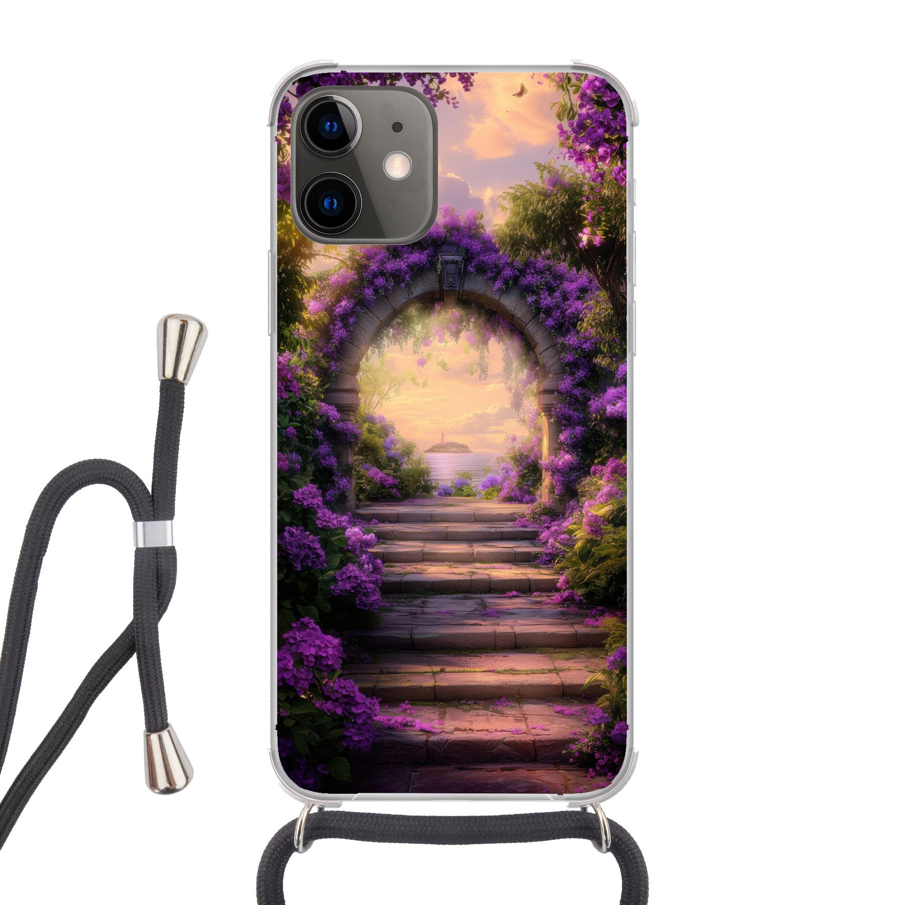 MuchoWow Handyhülle für Apple iPhone 12 Tor - Lila - Blumen, Tragbare Handyhüllen mit Kette zum umhängen, Handykette Handyband