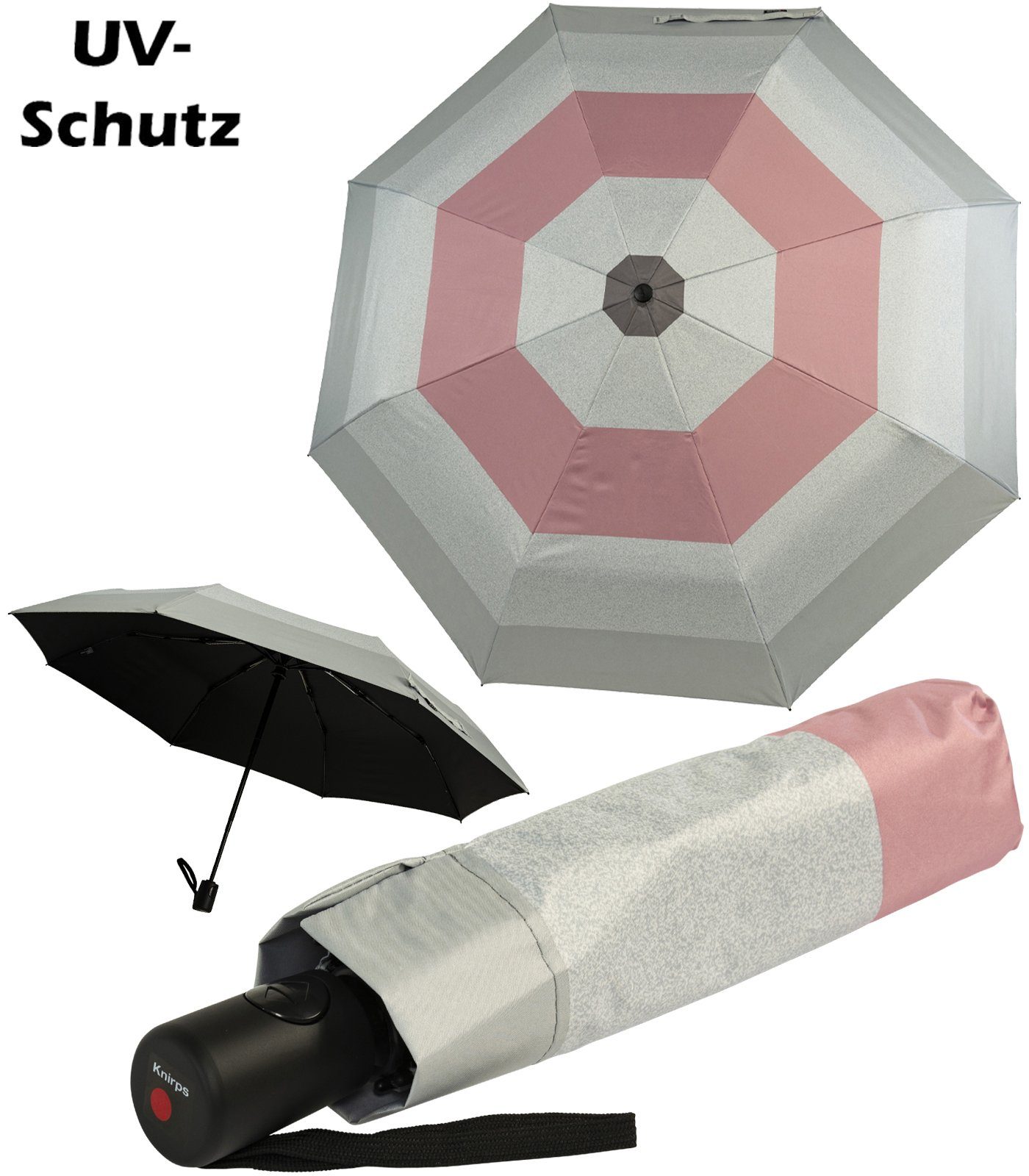 Knirps® Taschenregenschirm A.200 Damen-Taschenschirm mit Auf-Zu-Automatik, Popy rosa: 95% UV-Schutz, bis zu 40% Hitze-Schutz grau-rosa