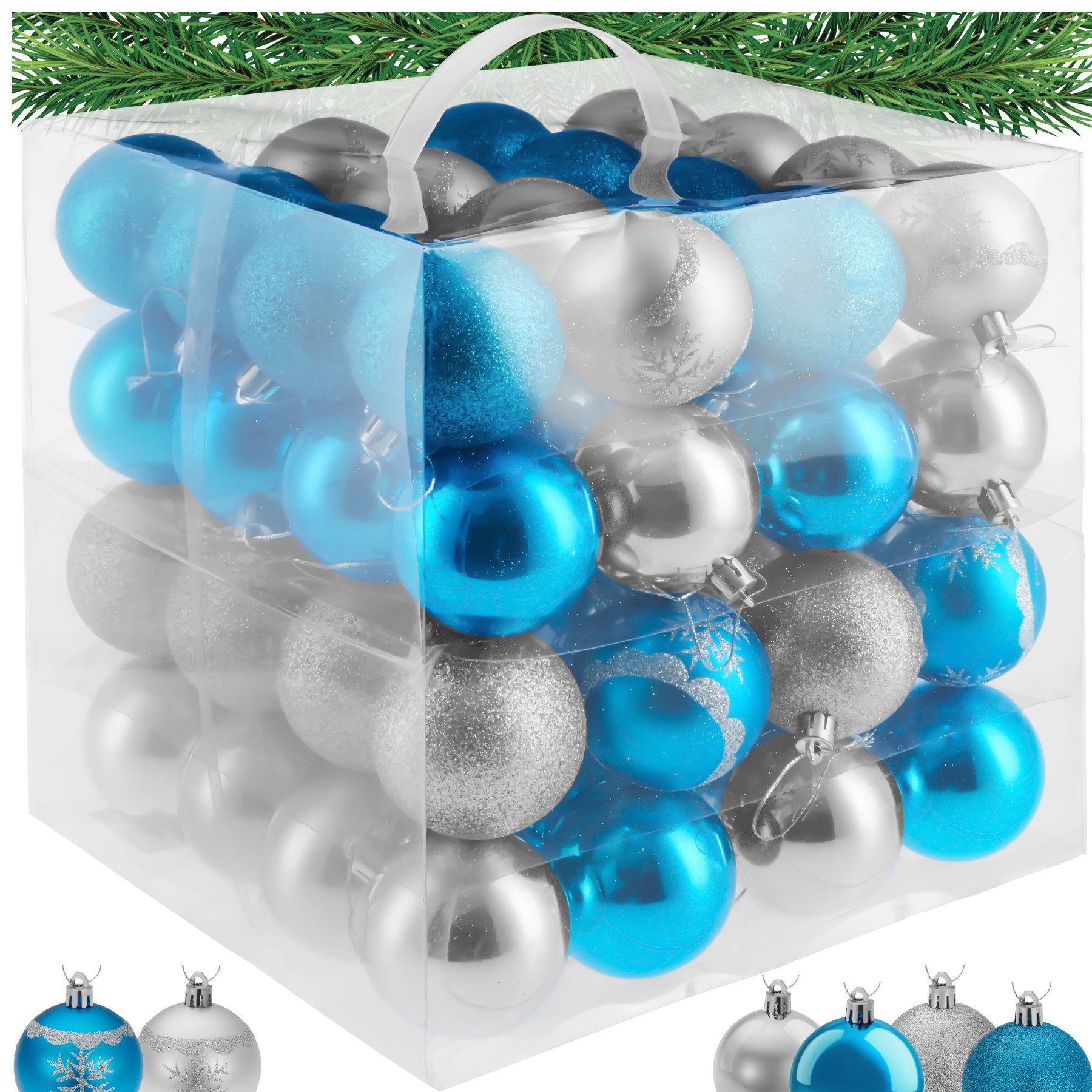 tectake Weihnachtsbaumkugel Weihnachtsbaumschmuck bruchsicher (1 St), 64er-Set in SIlber und Blau