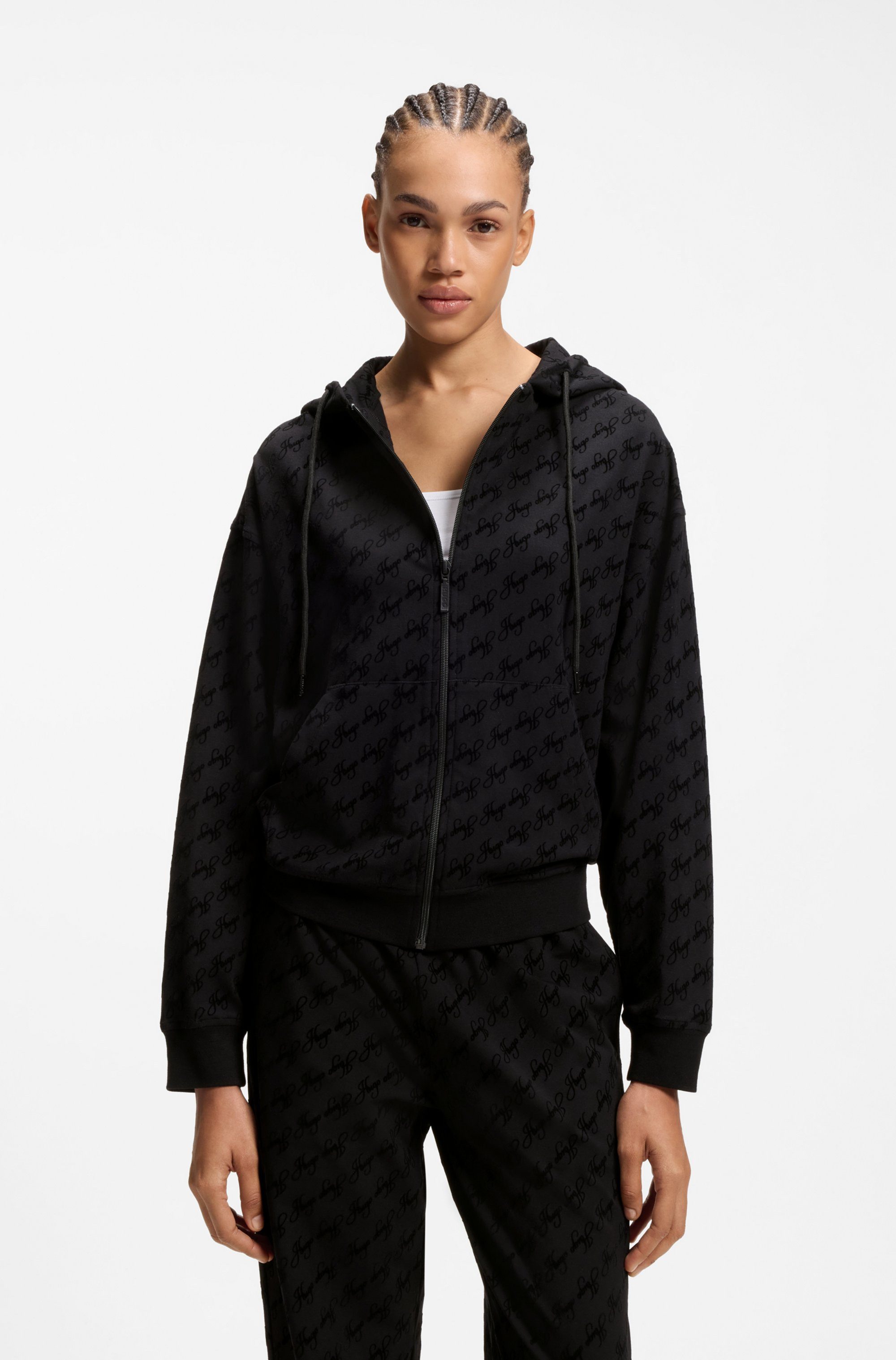 HUGO Kapuzensweatjacke FLOKKY Flock-Logo-Print, relaxed fit