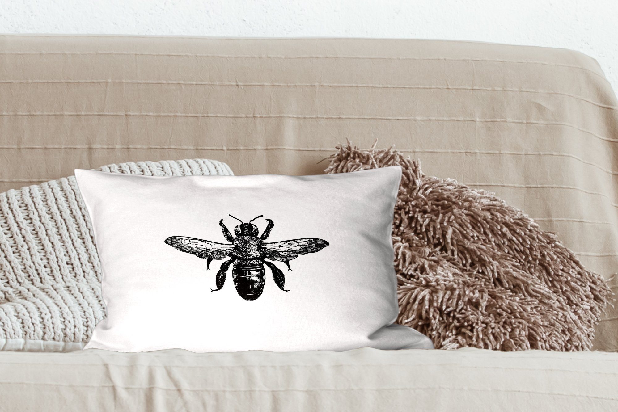 - und - Dekokissen Schlafzimmer Zierkissen, Schwarz - weiß, Füllung, Wohzimmer mit Insekt Vintage Dekoration, MuchoWow Dekokissen Biene