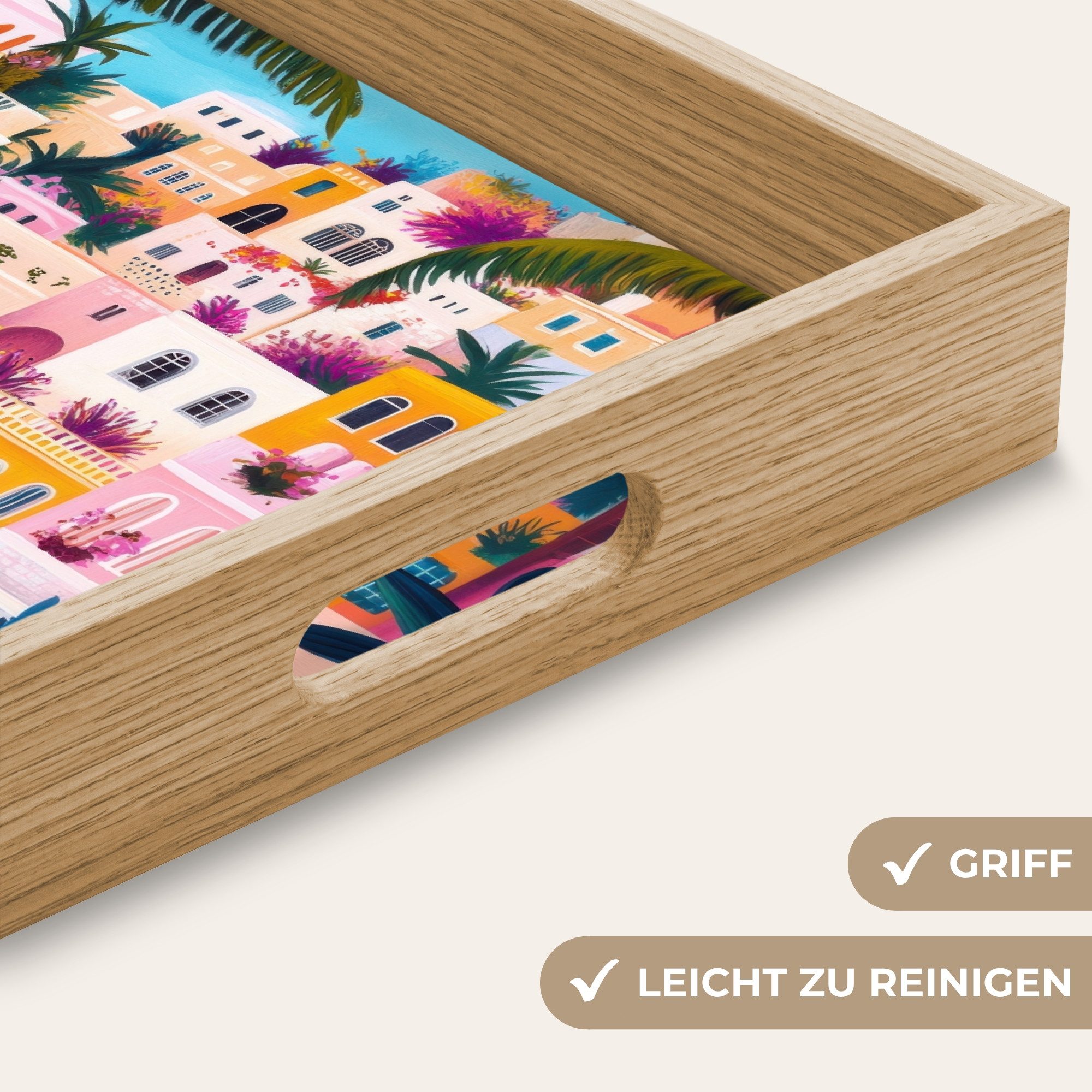 OnlyWow Tablett Rechteckig mit Henkel Bunt - Rosa - Orange - Gelb - Blumen, Eichenholz, (1-tlg), Siervierplatte, Tray, Frühstücksbrett