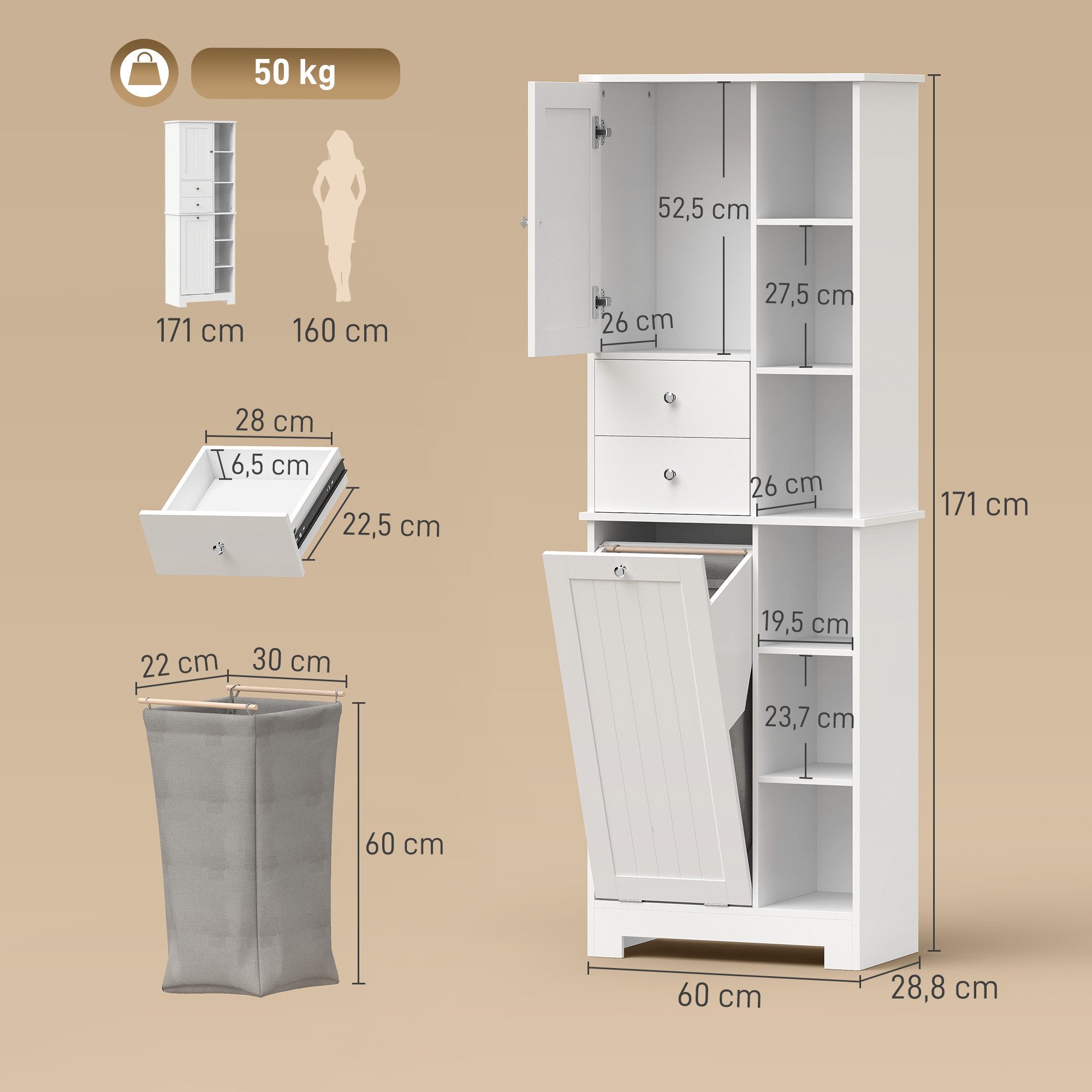 HOMCOM Badkommode Badezimmerschrank Hochschrank mit 2 Schubladen (Set, 1 St., Badschrank), Wäschekorb, Soft-Close, schmal – Bild 3 von 5