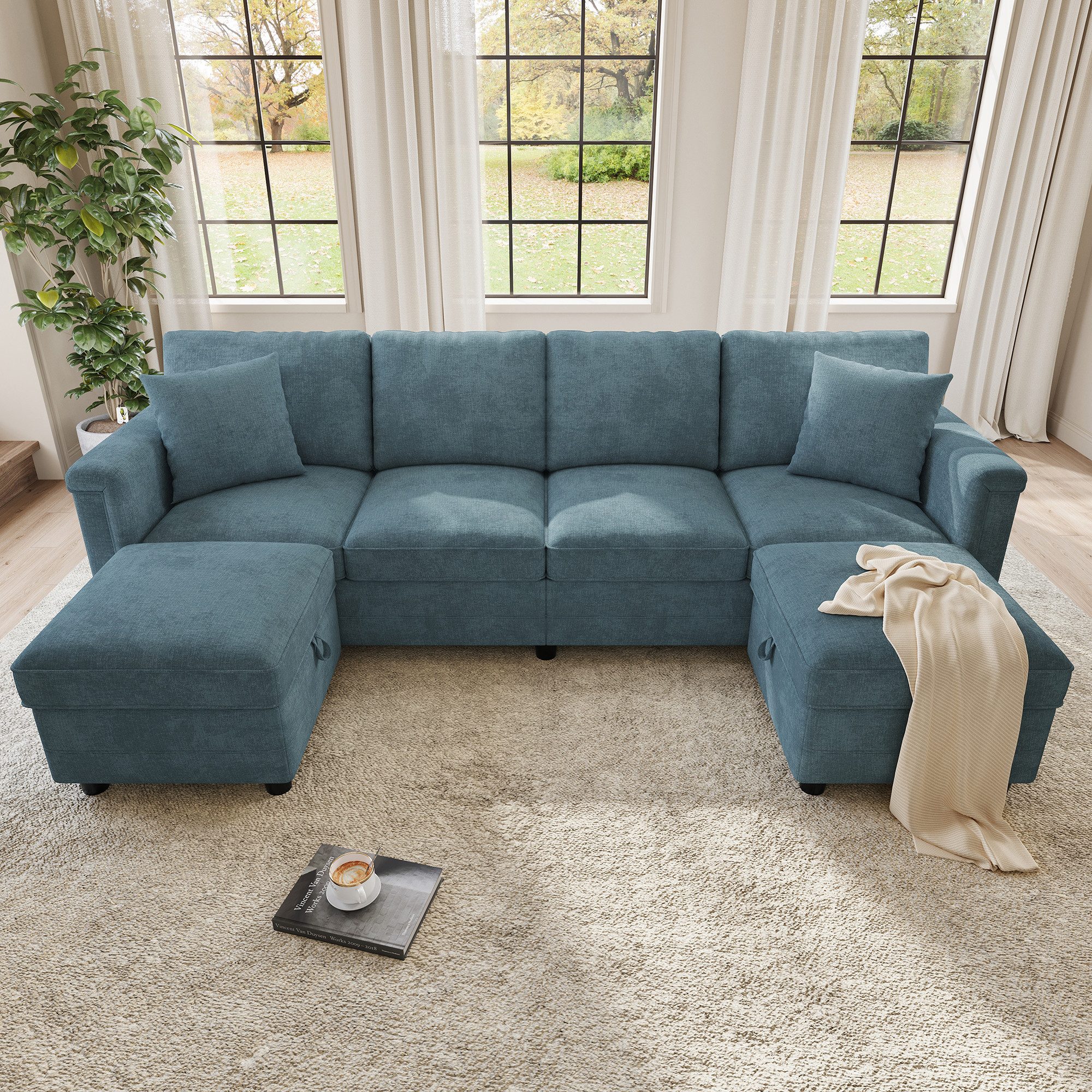 i@home 4-Sitzer 261cmModulare Sofaset,umwandelbar in L‑ und U‑Form,Chenille‑Stoff, Set 3 Teile, mit 2 Stauraumhockern & 2 Zierkissen,für Wohnzimmer,Blau