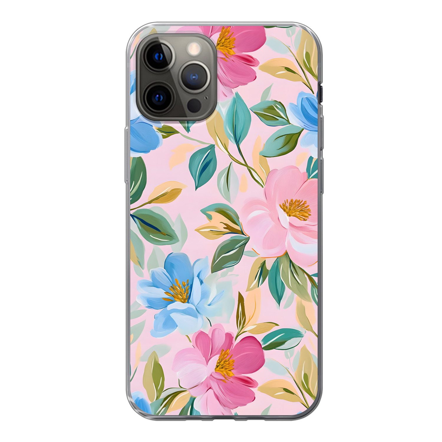 MuchoWow Handyhülle für Apple iPhone 12 Pro Blau - Rosa - Blumen, Smartphone-Bumper, Print, Handy Schutzhülle Dünn