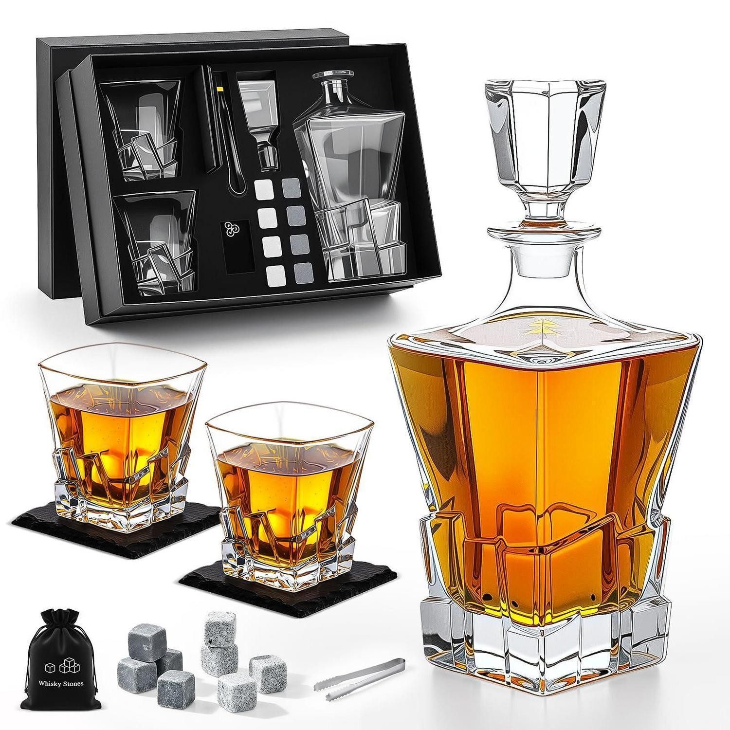 LuxusKollektion Dekanter Whisky Dekanter Set 800ML 2 Gläser Steine