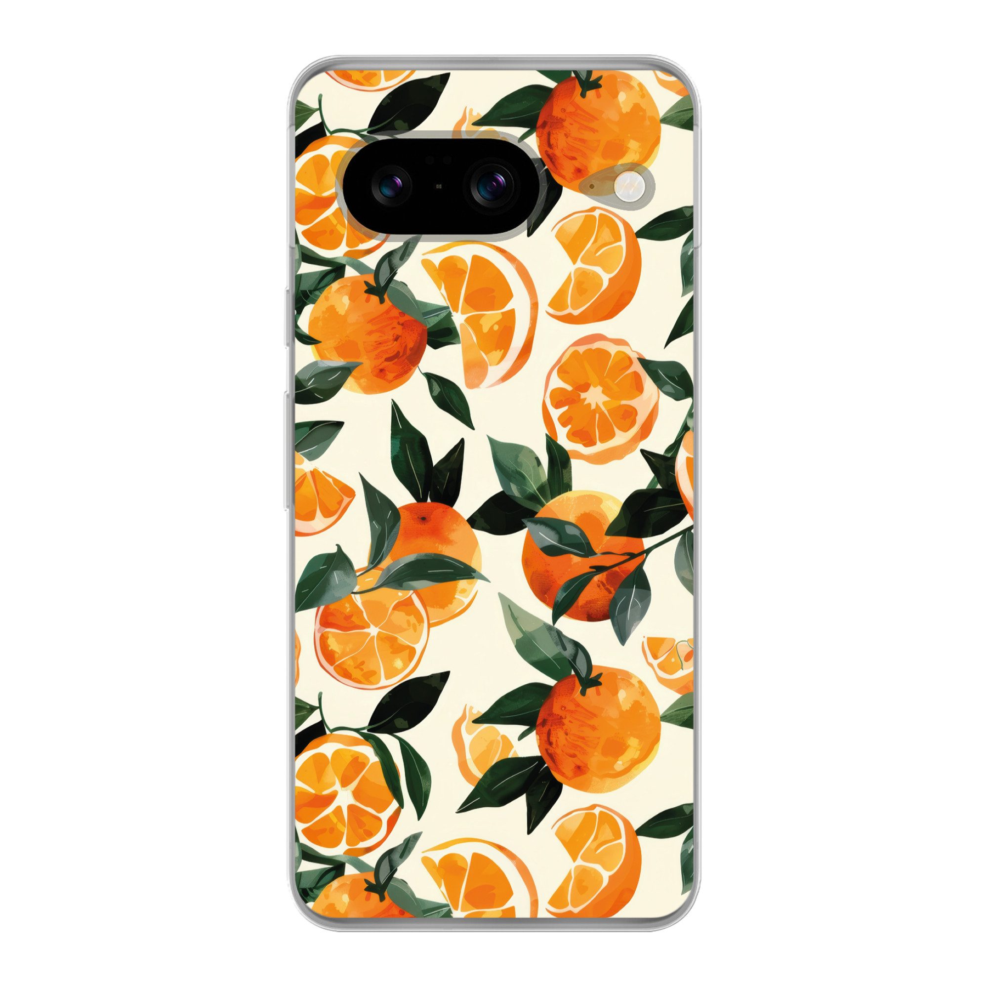 MuchoWow Handyhülle für Google Pixel 8 Orangen - Früchte - Blätter - Orange - Grün - Beige, Handy Case, Silikon, Bumper Case Dünn