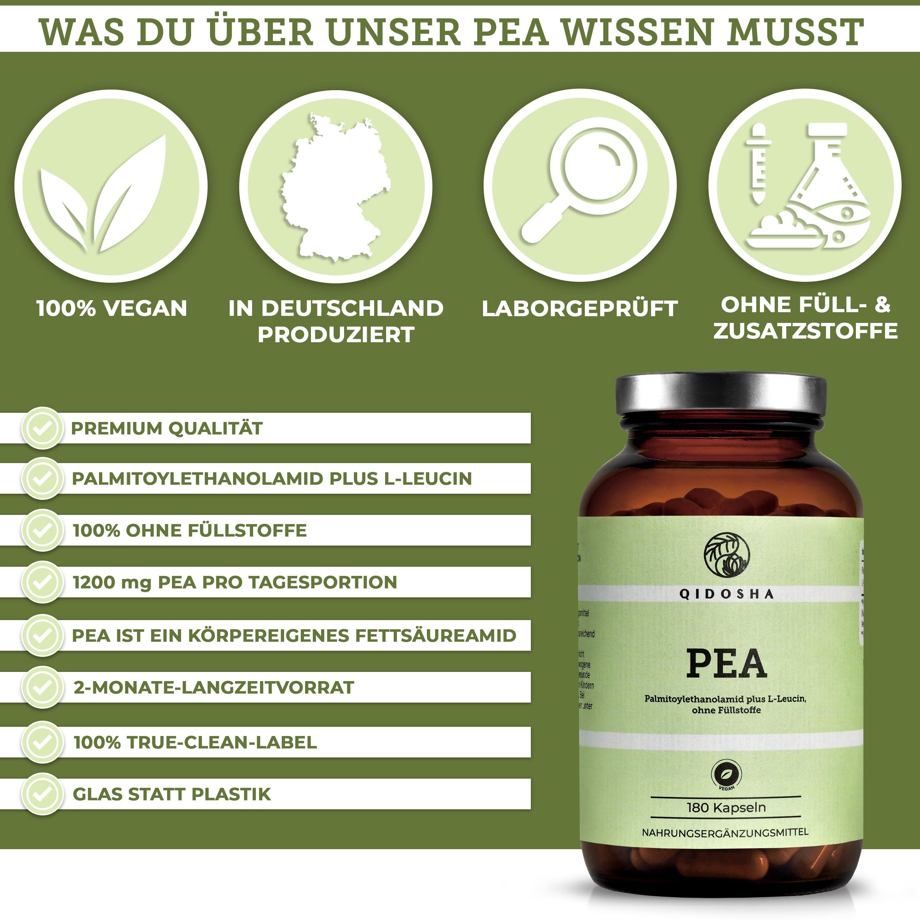 QIDOSHA Palmitoylethanolamid (PEA) Kapseln, 180 er PEA Kapseln hochdosiert, 180 Kapseln im Apothekerglas, mikronisiert, 1200mg PEA je Tagesportion, deutsche Fertigung, jede Charge laborgeprüft, plus Leucin à 180 St., 92.6 g, Palmitoylethanolamid (PEA) Kapseln plus L-Leucin online kaufen