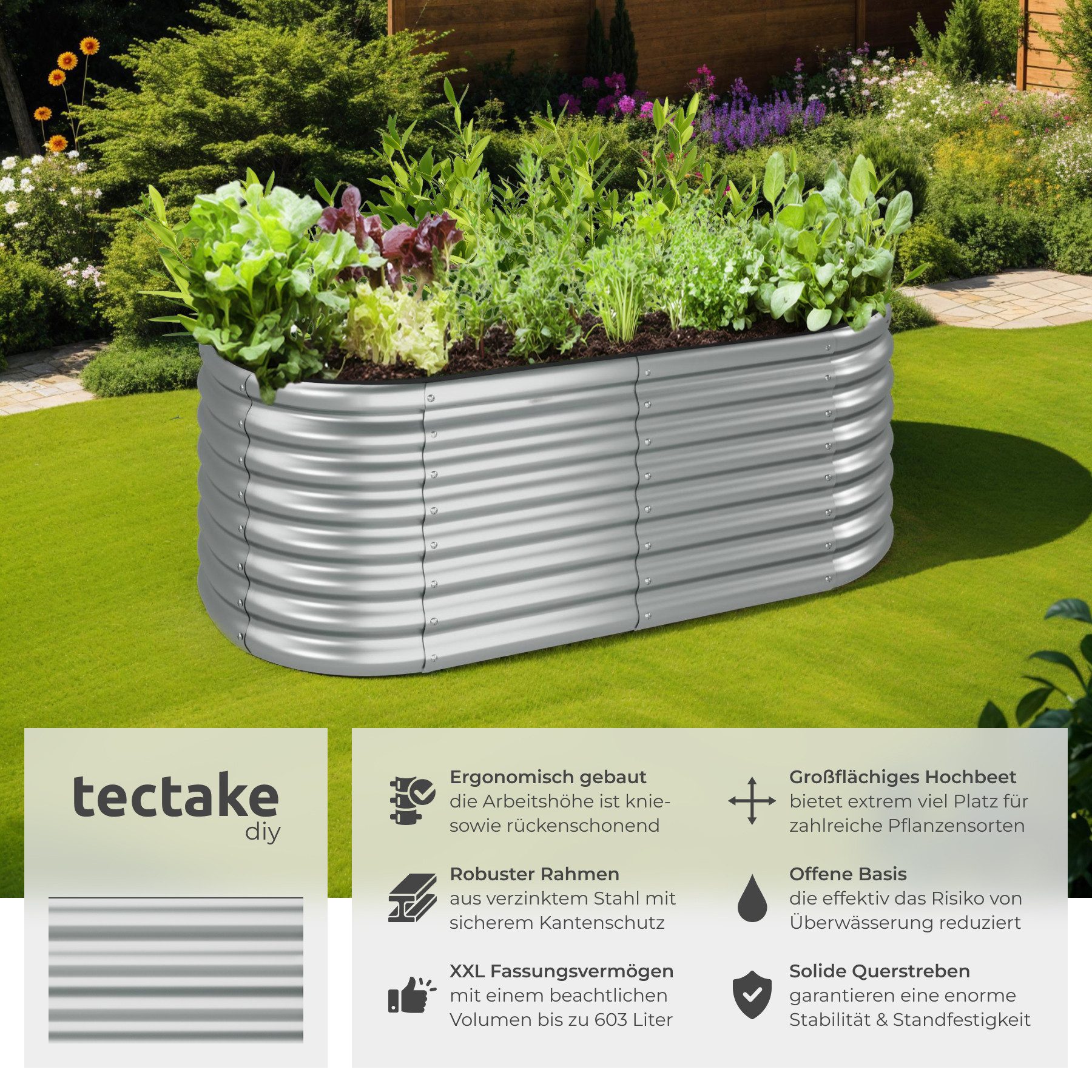 tectake Hochbeet Pflanzenkasten Flormma, 603l, verzinkt, 160x80x60cm, aus verzinktem Stahl