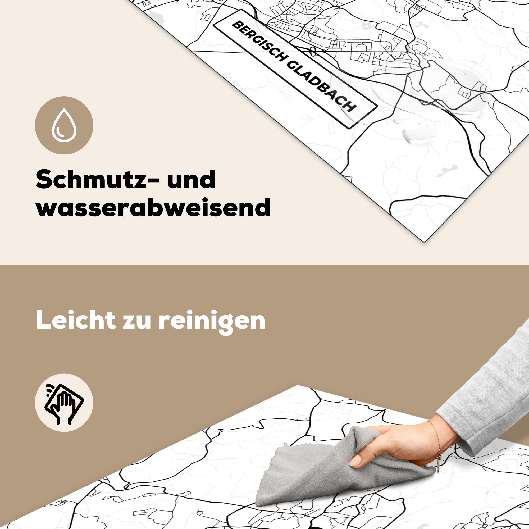 Vinyl, Karte für (1 Arbeitsplatte Herdblende-/Abdeckplatte cm, Stadtplan, MuchoWow Bergisch Ceranfeldabdeckung, tlg), küche - Gladbach - 78x78
