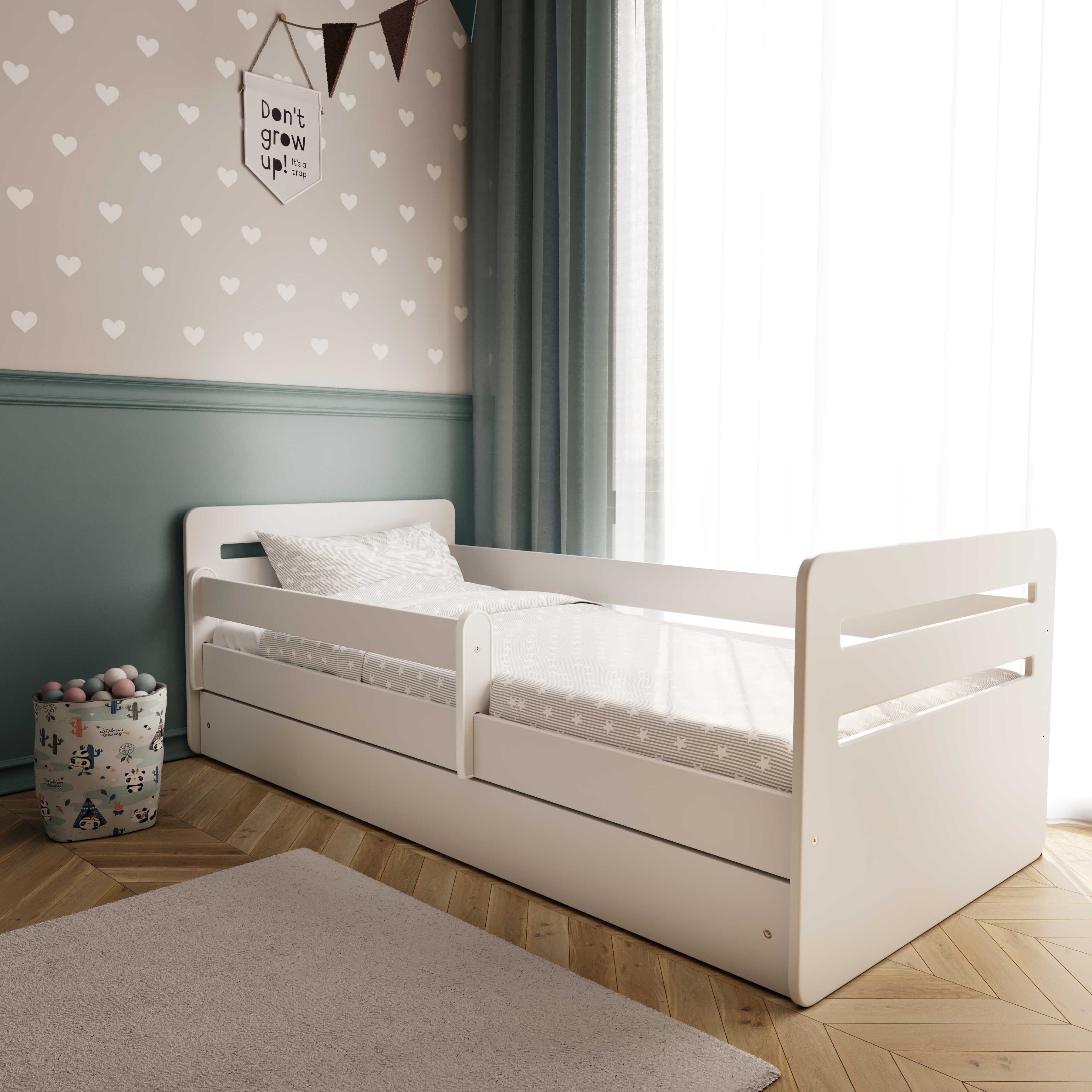 Bjird Kinderbett Tomi 140x80 160x80 180x80 (Mit 8 cm Matratze), mit Rausfallschutz Schubalde und Lattenrost für Mädchen und Junge weiß