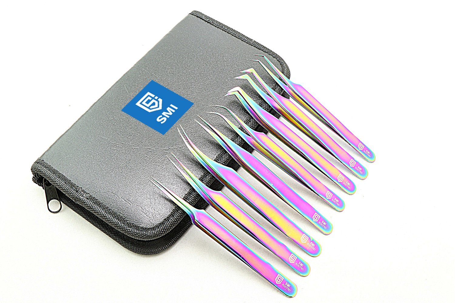 SMI Präzisionspinzette 8-tlg Wimpernpinzette Wimpernverlängerung Wimpern Pinzette mit Etui, gebogen und gerade
