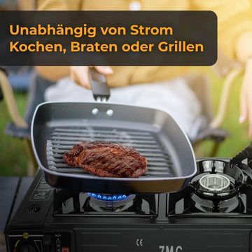 ZMC Gaskocher Doppel Kartuschenkocher Gaskocher 2 Flammig + 8x Gaskartuschen 227g, (mit automatische Piezo-Zündung Wärmeleistung: 2,3KW), Outdoor Gas Campingkocher 2Fach Gasherd Ofen Butan Kochfeld Gas Kocher