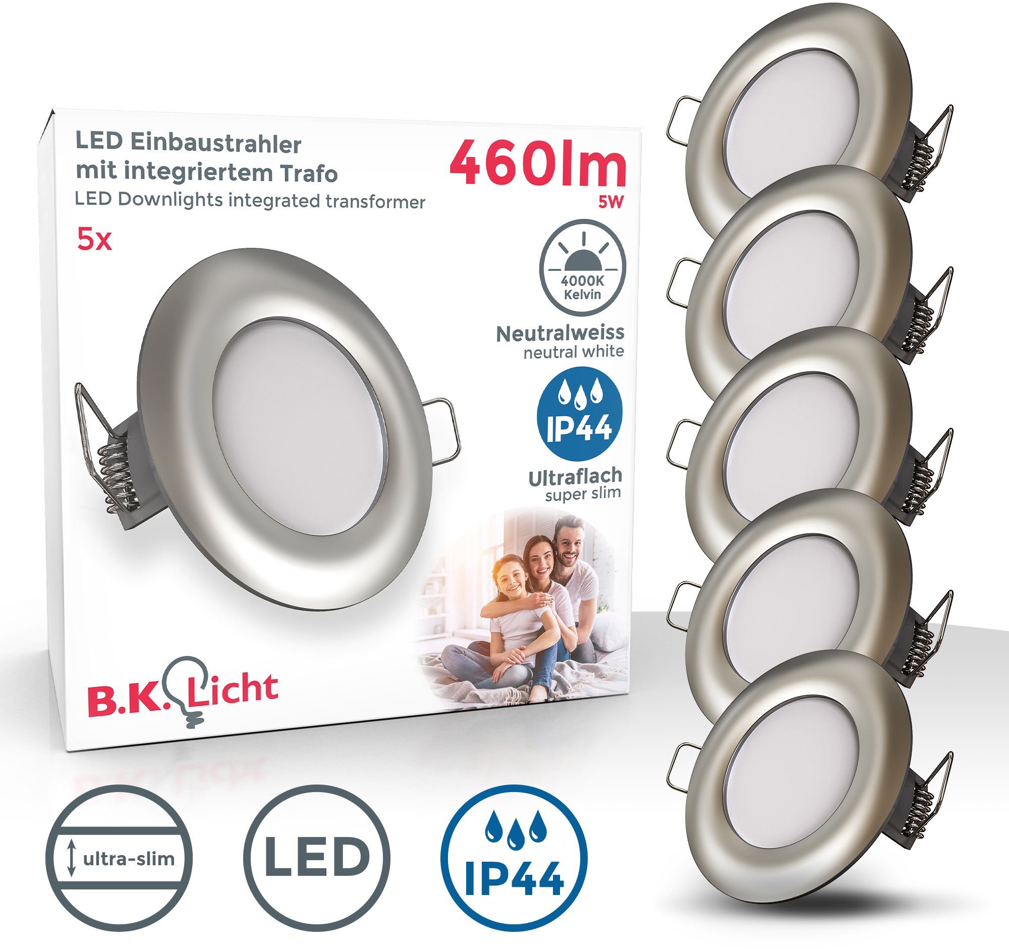 B.K.Licht LED Einbauleuchte, LED fest Badezimmer 4000K, matt-nickel, Schutzklasse 5x 5W für Neutralweiß, IP44, 460lm Durch ideal ultra-flach, IP44 Einbaustrahler, integriert