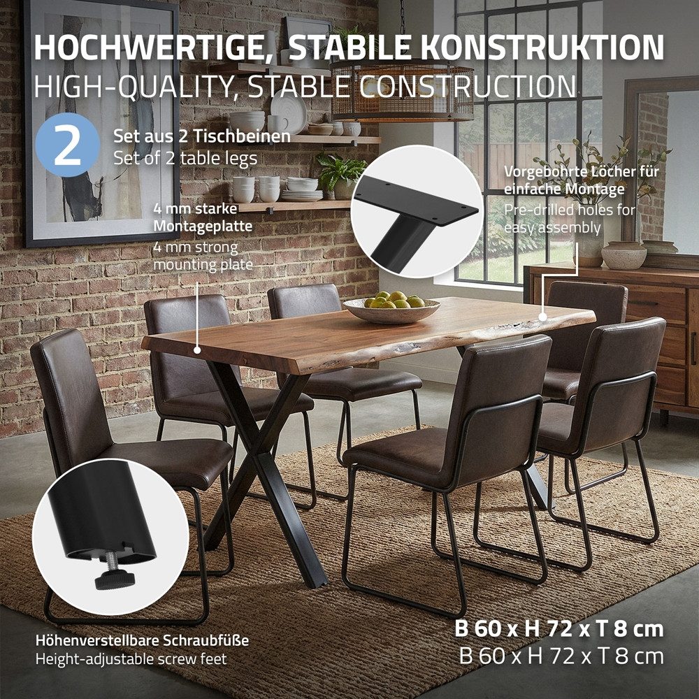 ML-DESIGN Tischbein Tischbeine Metall Schwarz 2er Set Tischgestell Outdoor wetterfest, Tischfüße X-Form Tischkufen Stahl Untergestell Möbelfüße 60x72cm Flach