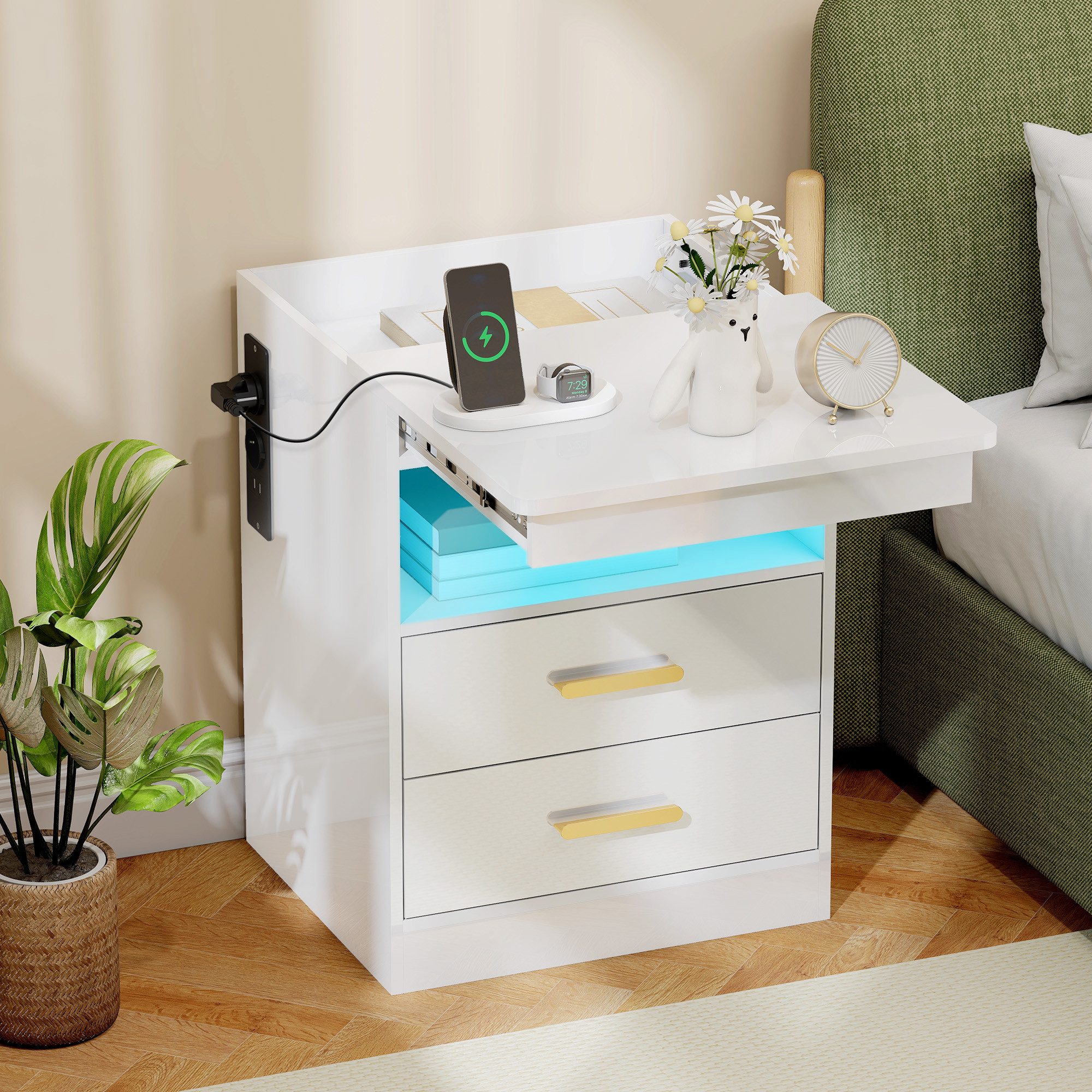 HOMCOM Nachttisch Beistelltisch Nachtschrank mit 2 Schubladen, 1 Offenem Fach (Nachtschrank, 1-St., 1 Tisch), mit Ladestation, RGB-LED, Hochglanzoberfläche