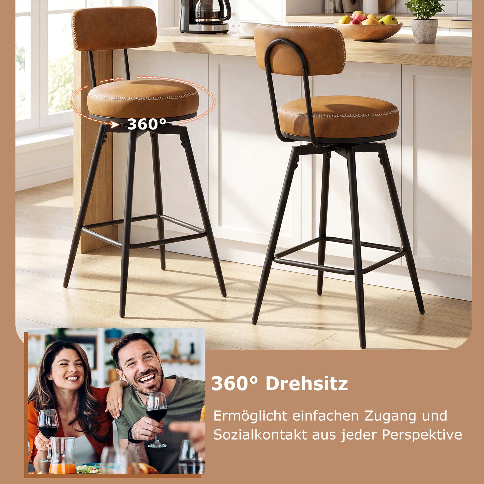 COSTWAY Barhocker (2 St), Barstuhl mit lehne, Küchenhocker für Esszimmer
