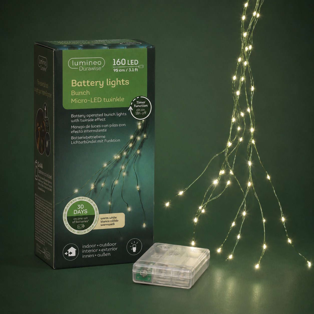 Lumineo LED-Lichterkette, LED Lichtbündel 95cm mit 160 LEDs Twinkle Effekt Outdoor Timer Grün