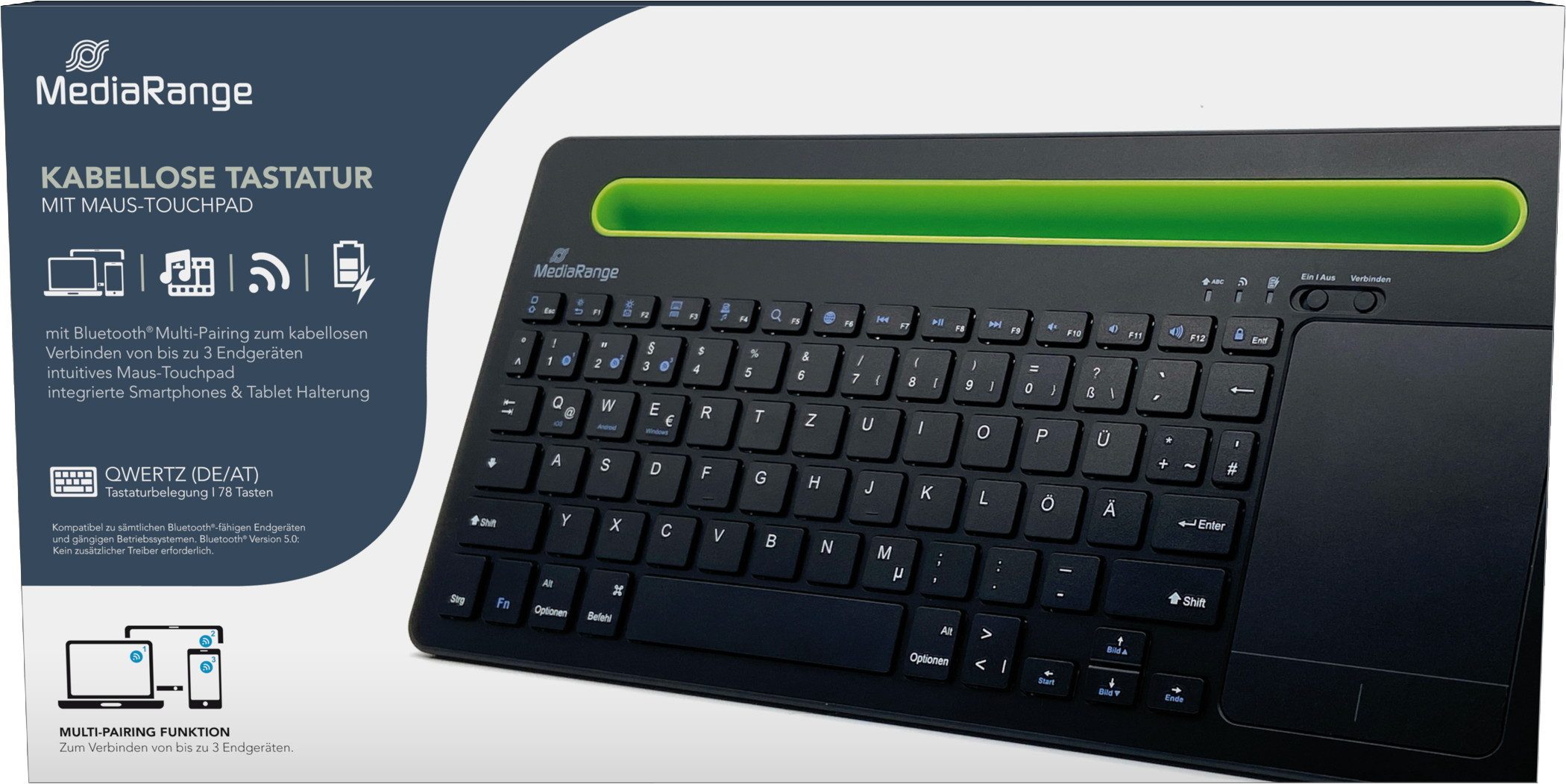 Mediarange Multi-pairing Funk Tastatur QWERTZ 78 Tasten + Touchpad schwarz/grün Tastatur
