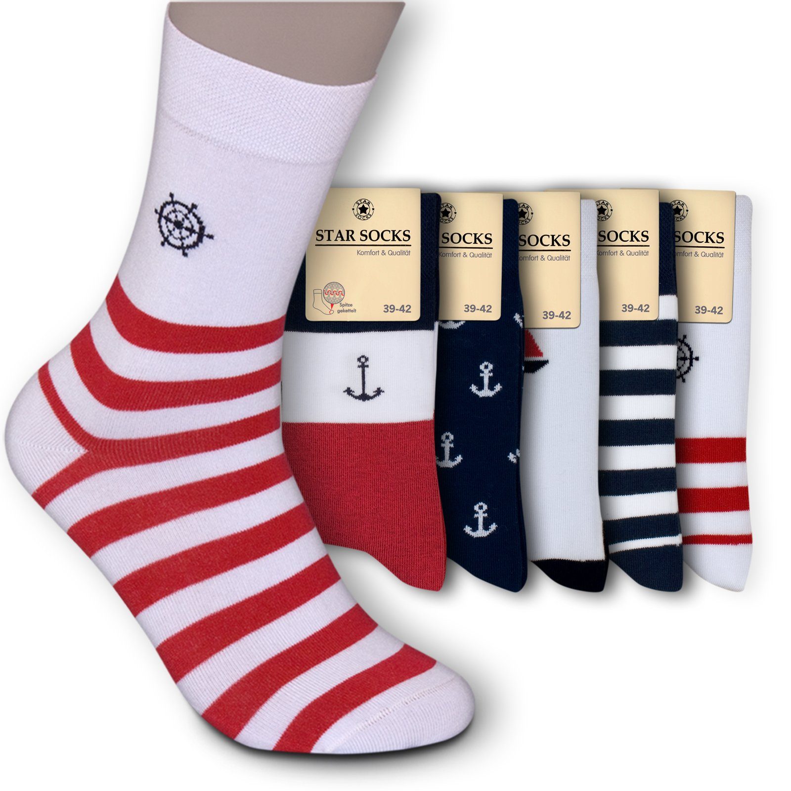 Die Sockenbude Basicsocken MARITIM (Bund, 5-Paar, rot blau weiss) mit Komfortbund ohne Gummi