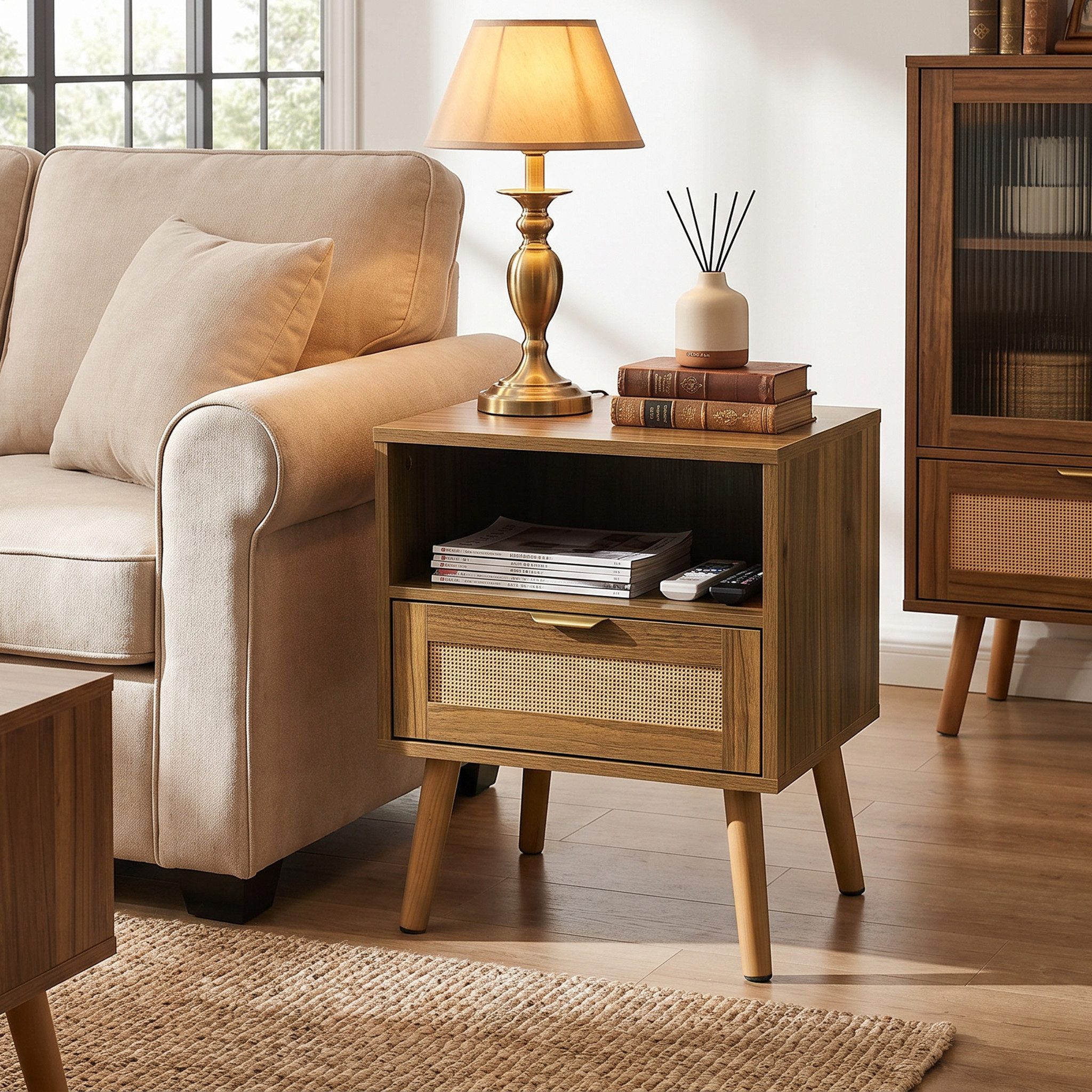 BBWL Nachttisch mit Rattan-Front, 1 Schublade, offenes Regal, Mid-Century-Design, Massivholzbeine, 45 x 40 x 55 cm