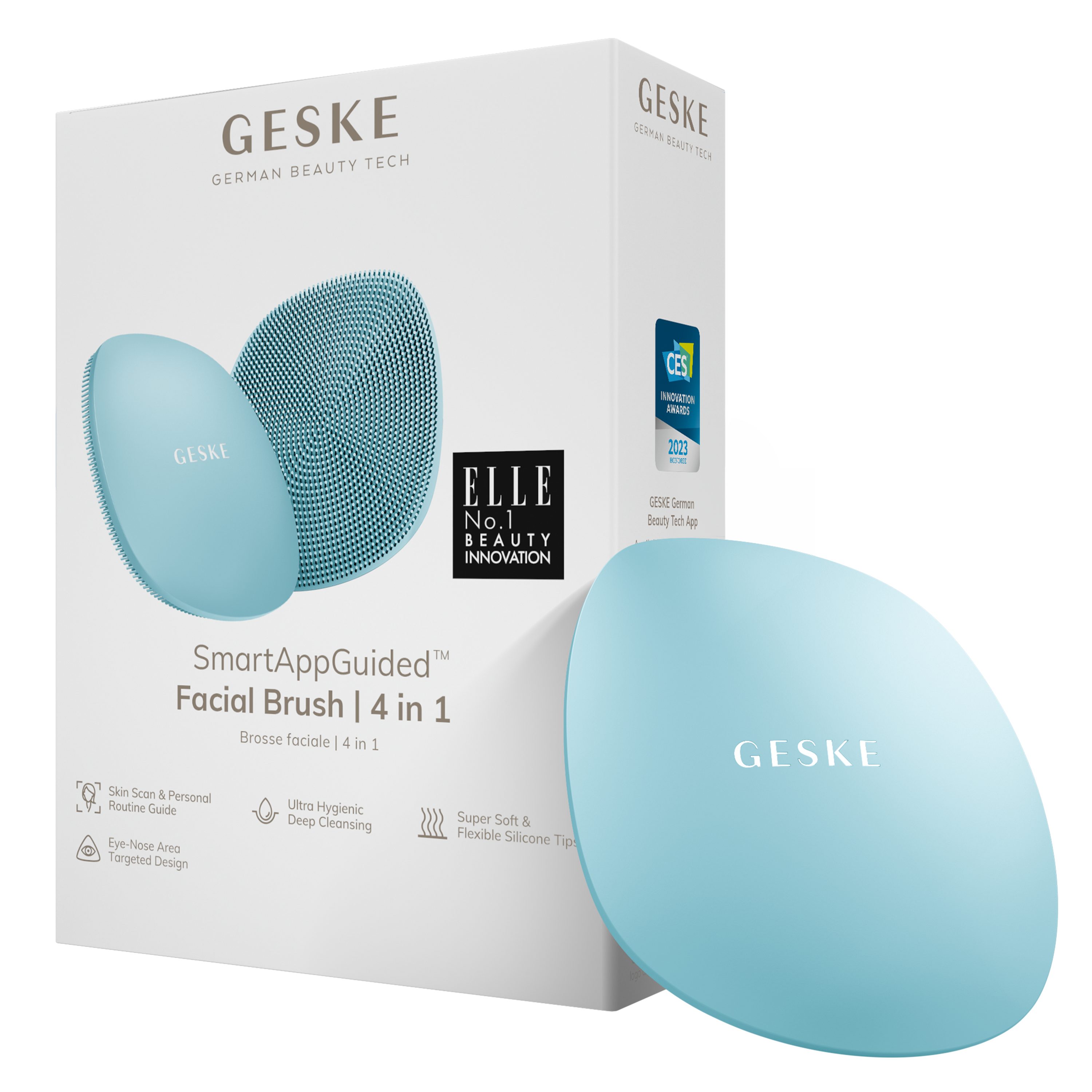 GESKE German Beauty Tech Elektrische Gesichtsreinigungsbürste SmartAppGuided™ Facial Brush 4 in 1, Packung, 1-tlg., inkl. kostenloser APP (SmartAppGuided Device), Mit der GESKE App erhältst Du deine personalisierte Hautpflegeroutine. Turquoise