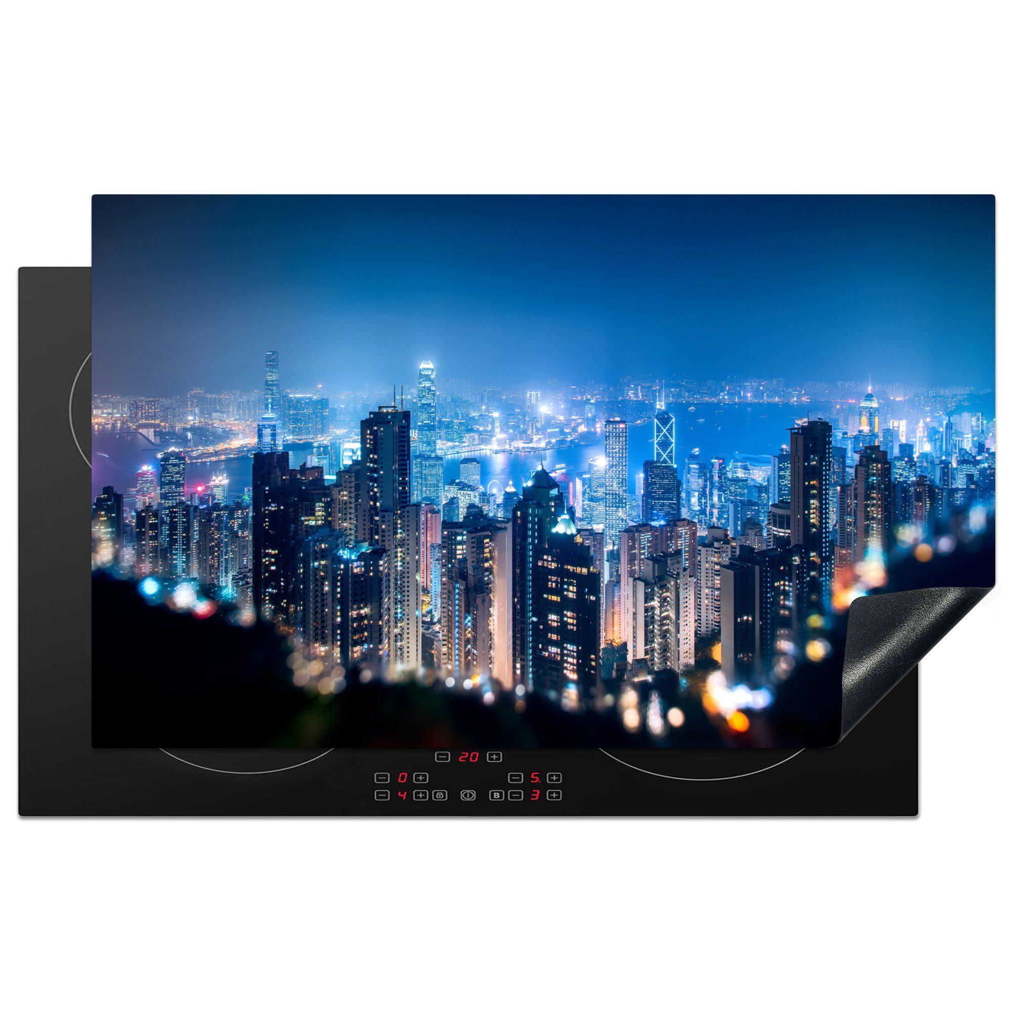 MuchoWow Herdblende-/Abdeckplatte Ein Luftbild von Hongkong bei Nacht, Vinyl, (1 tlg), 83x51 cm, Ceranfeldabdeckung, Arbeitsplatte für küche