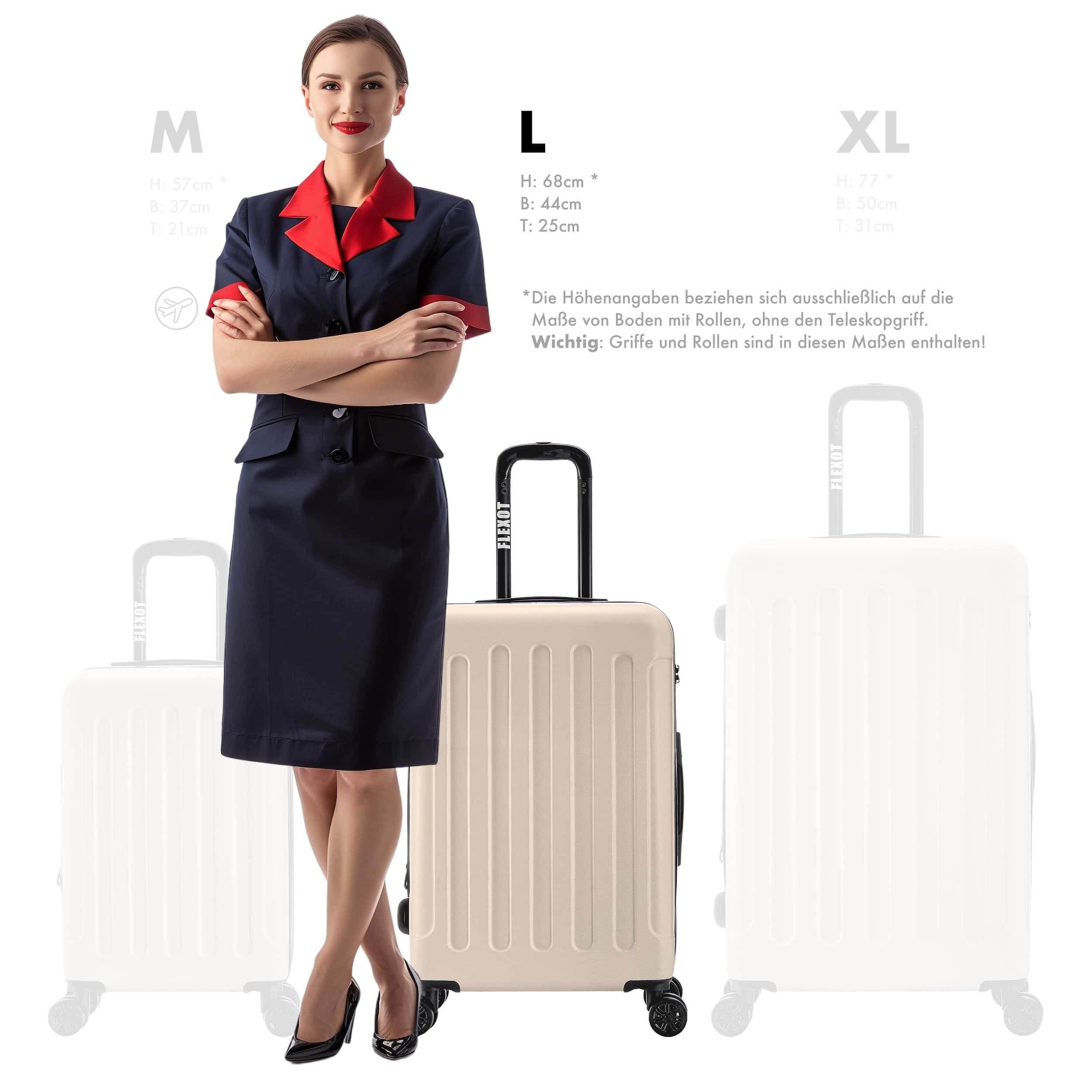 Flexot Hartschalen-Trolley F-3045 (Gr. M, L, XL) – Kofferset – ABS-Hartschale, 4 Rollen, Robuster und moderner Koffer mit vier 360° Rollen und Zahlenschloss