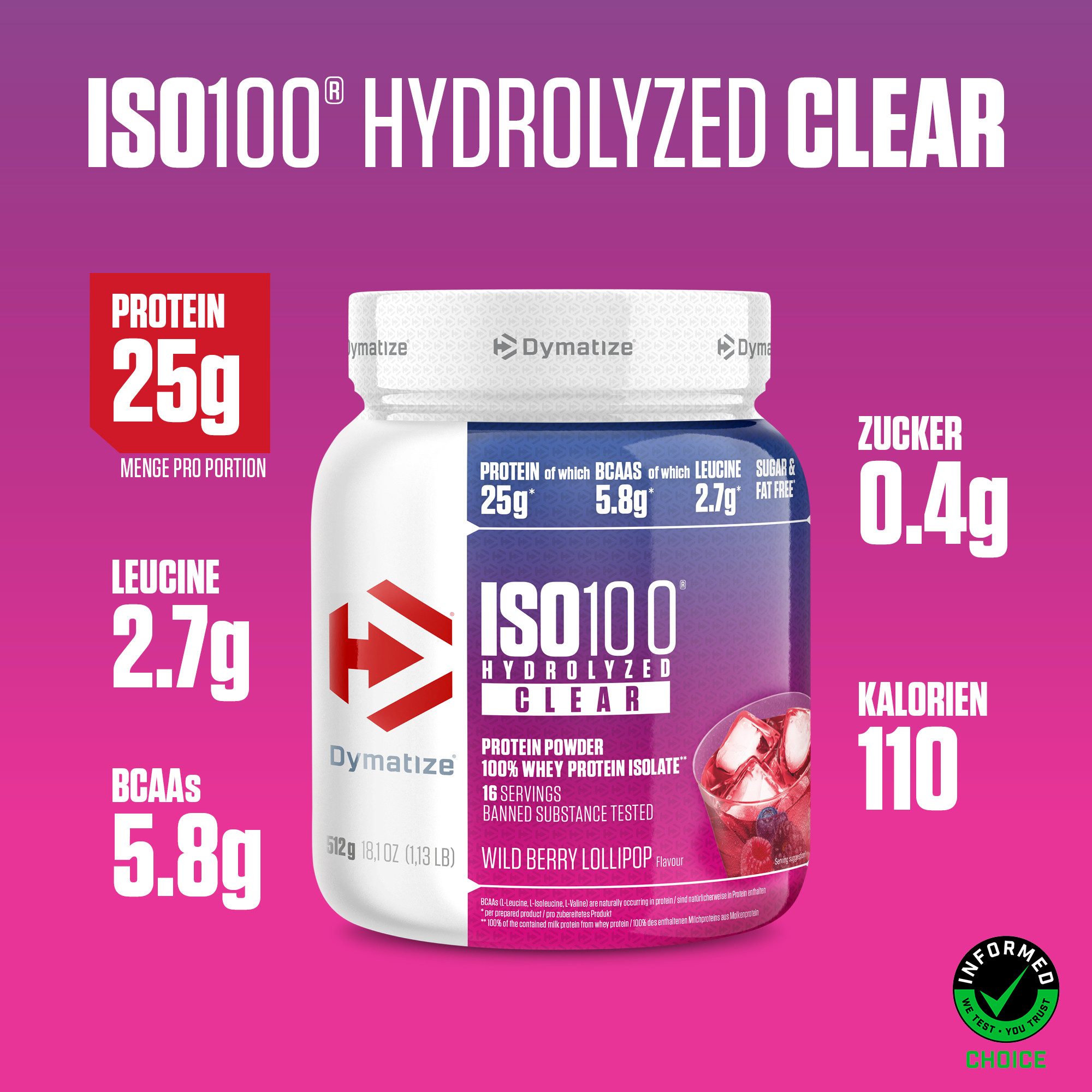 Dymatize ISO 100 Hydrolized Clear Wild Berry Lollipop 512g Whey Protein Pulver Pulver, 512 g